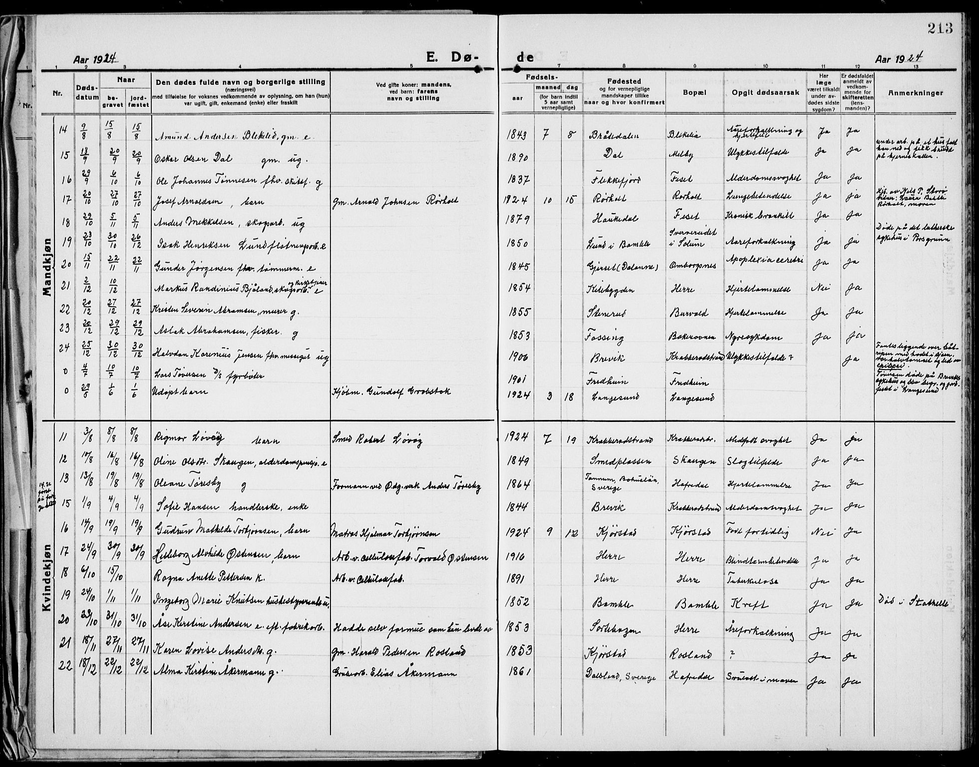 Bamble kirkebøker, AV/SAKO-A-253/G/Ga/L0011: Parish register (copy) no. I 11, 1920-1935, p. 213