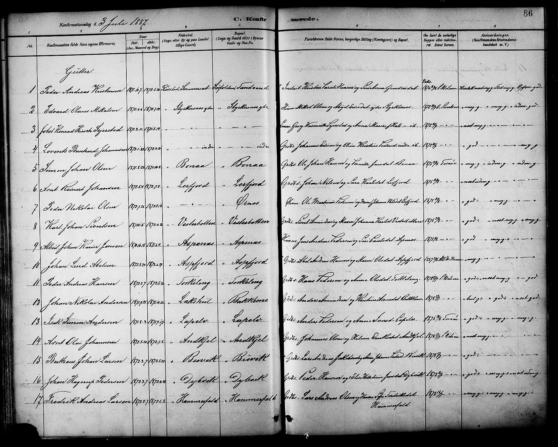 Ministerialprotokoller, klokkerbøker og fødselsregistre - Nordland, AV/SAT-A-1459/854/L0777: Parish register (official) no. 854A01 /1, 1883-1891, p. 86