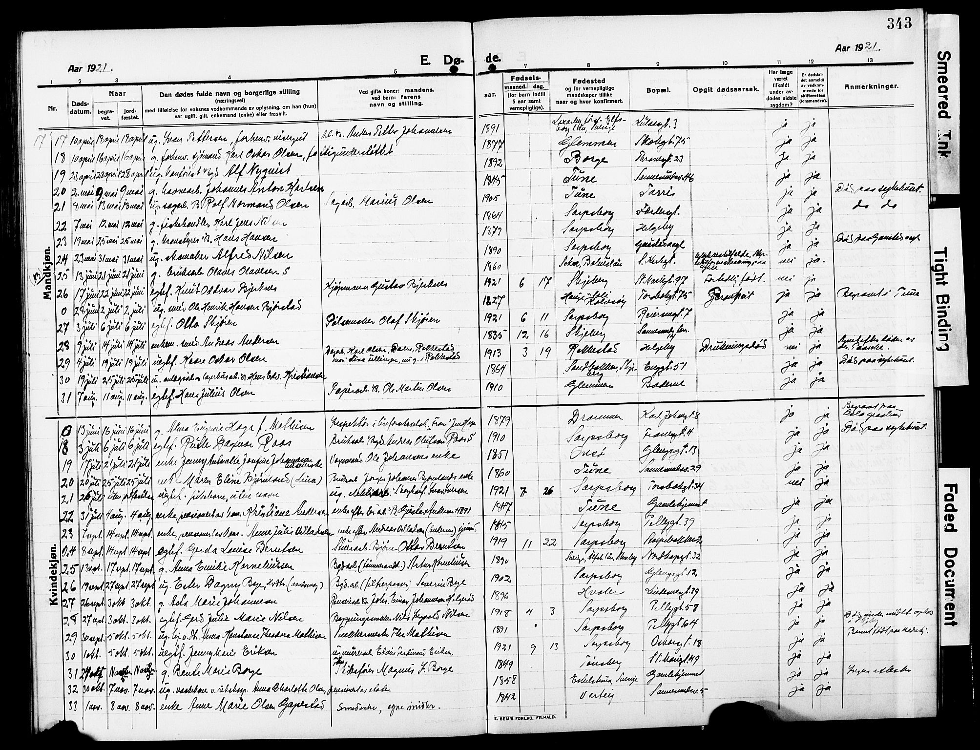 Sarpsborg prestekontor Kirkebøker, AV/SAO-A-2006/G/Ga/L0002: Parish register (copy) no. 2, 1912-1931, p. 343