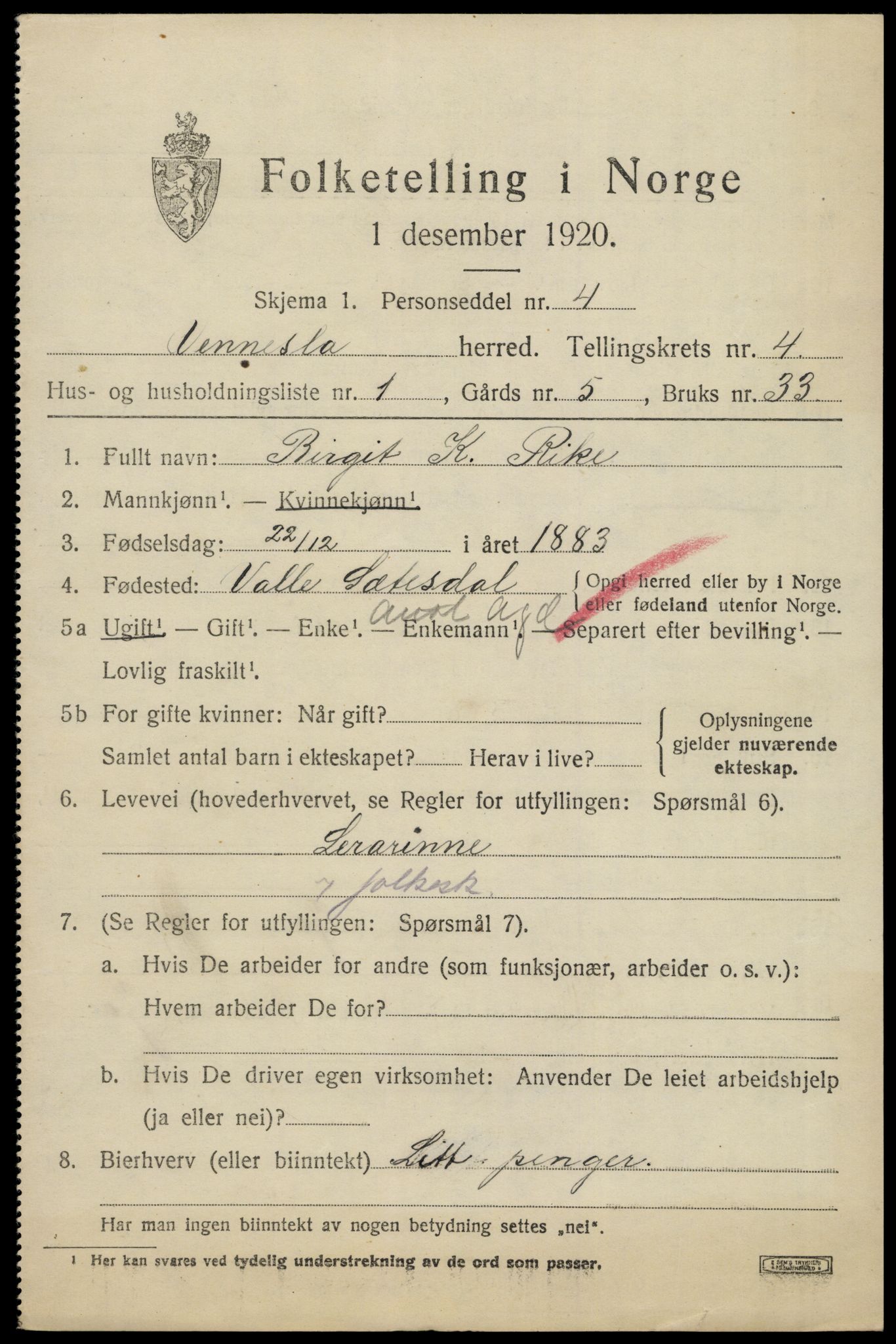 SAK, 1920 census for Vennesla, 1920, p. 2662