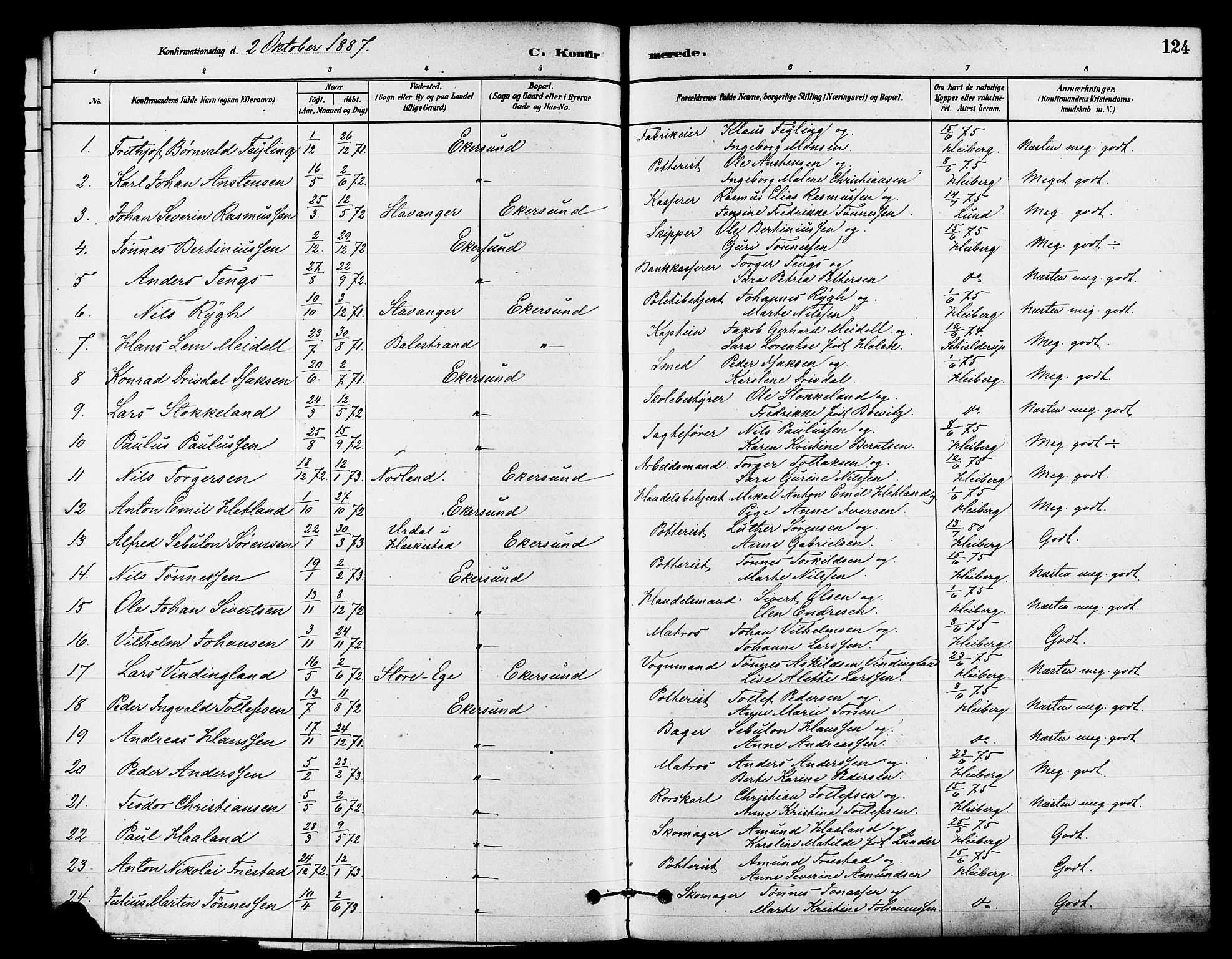 Eigersund sokneprestkontor, SAST/A-101807/S08/L0015: Parish register (official) no. A 15, 1879-1892, p. 124