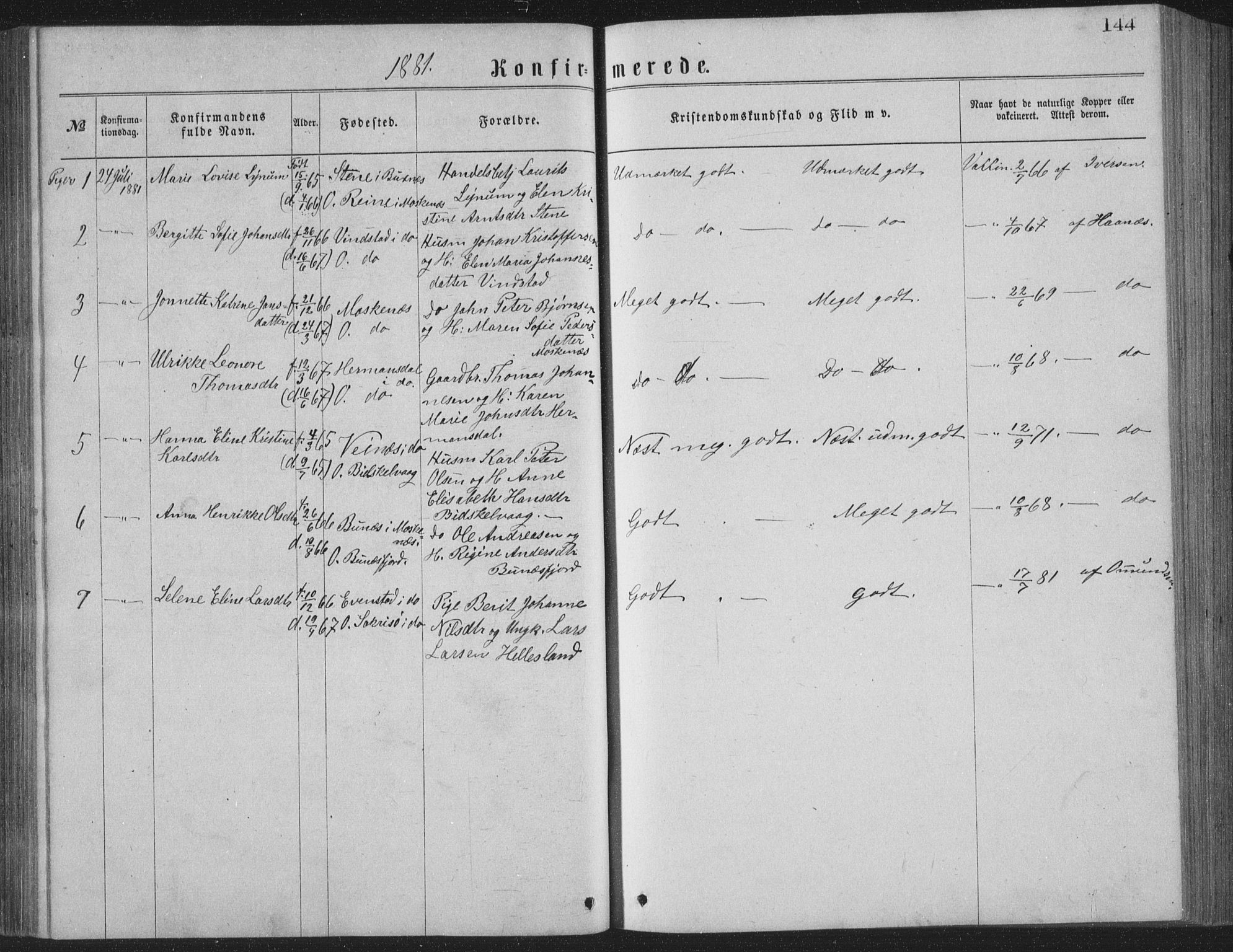 Ministerialprotokoller, klokkerbøker og fødselsregistre - Nordland, AV/SAT-A-1459/886/L1225: Parish register (copy) no. 886C02, 1874-1896, p. 144