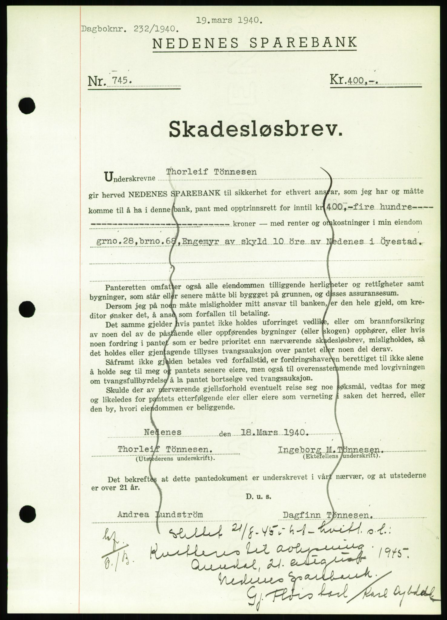 Nedenes sorenskriveri, AV/SAK-1221-0006/G/Gb/Gbb/L0001: Mortgage book no. I, 1939-1942, Diary no: : 232/1940