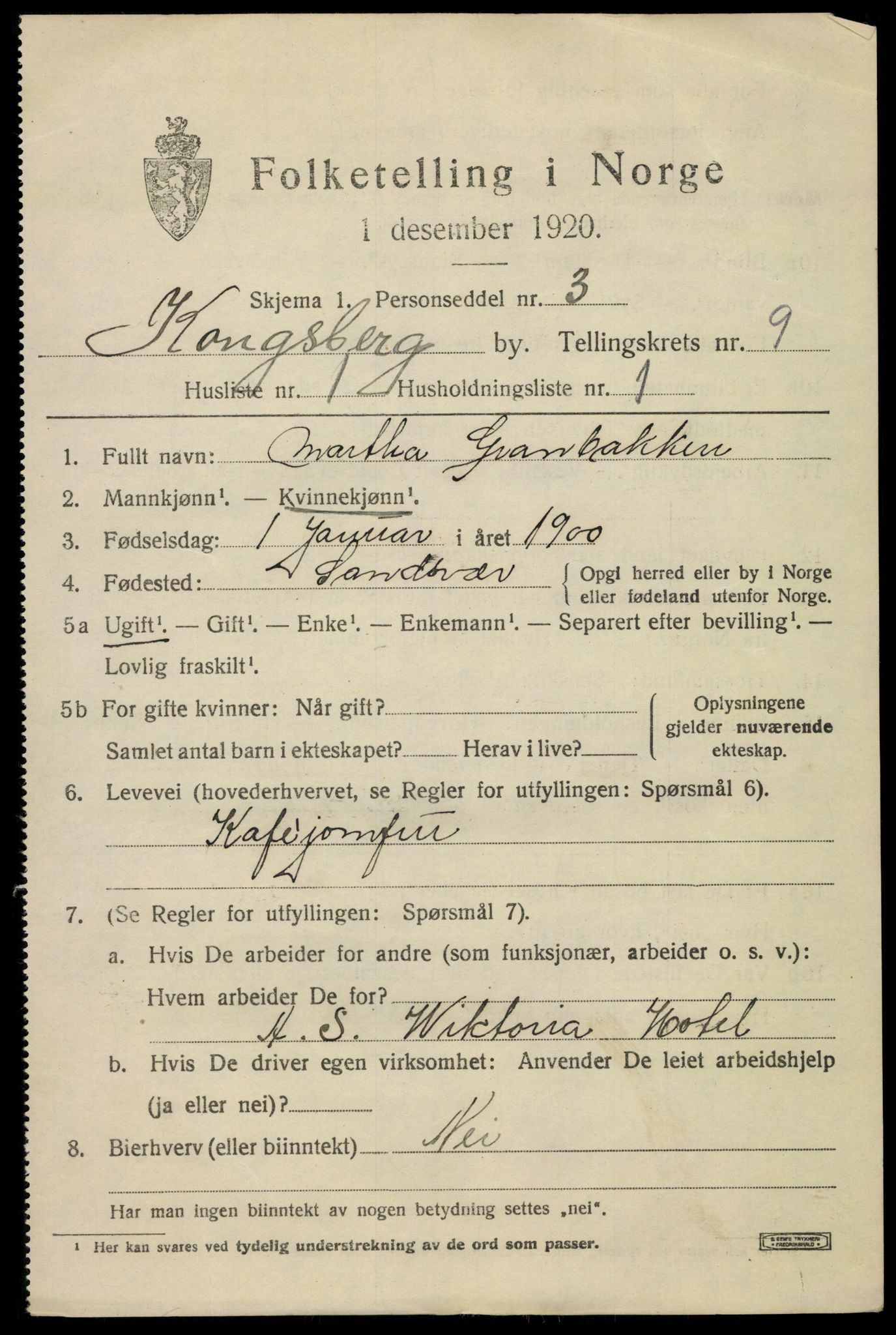 SAKO, 1920 census for Kongsberg, 1920, p. 18396