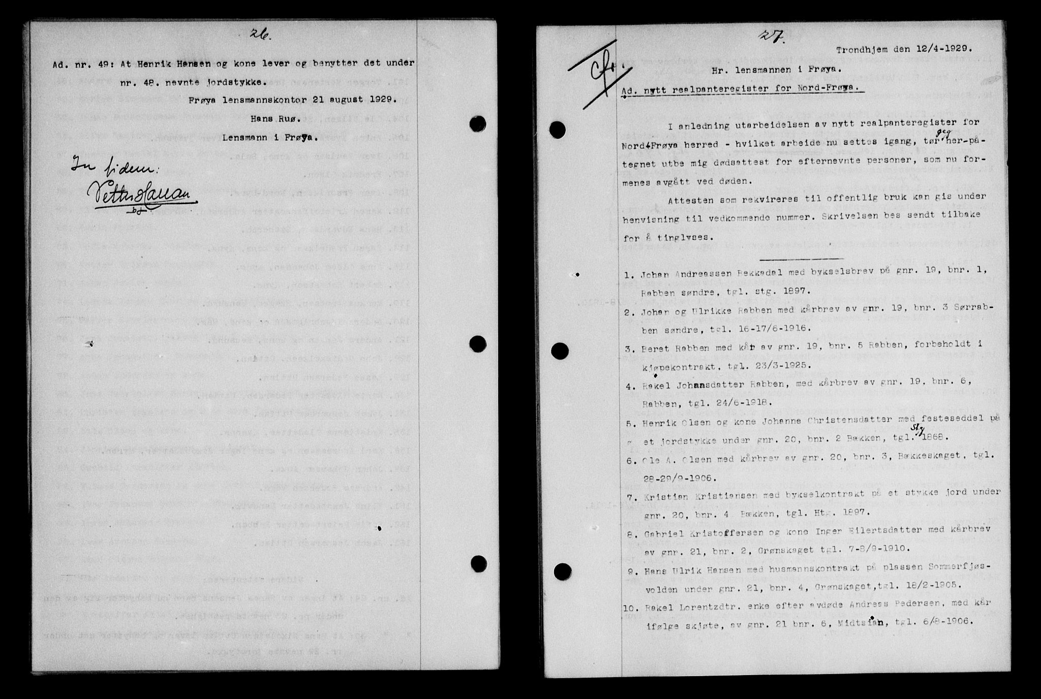 Hitra sorenskriveri, AV/SAT-A-0018/2/2C/2Ca/L0013: Mortgage book no. 13, 1929-1929, p. 26-27