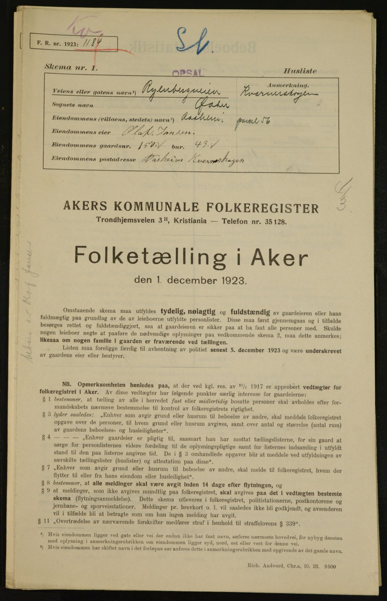 , Municipal Census 1923 for Aker, 1923, p. 29935