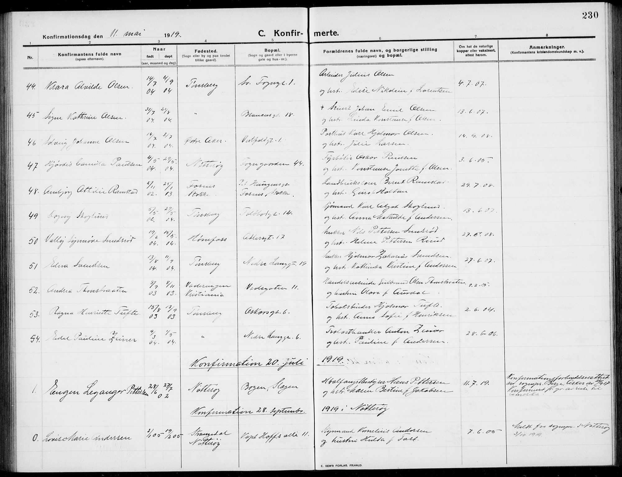 Tønsberg kirkebøker, AV/SAKO-A-330/G/Ga/L0009: Parish register (copy) no. 9, 1913-1920, p. 230