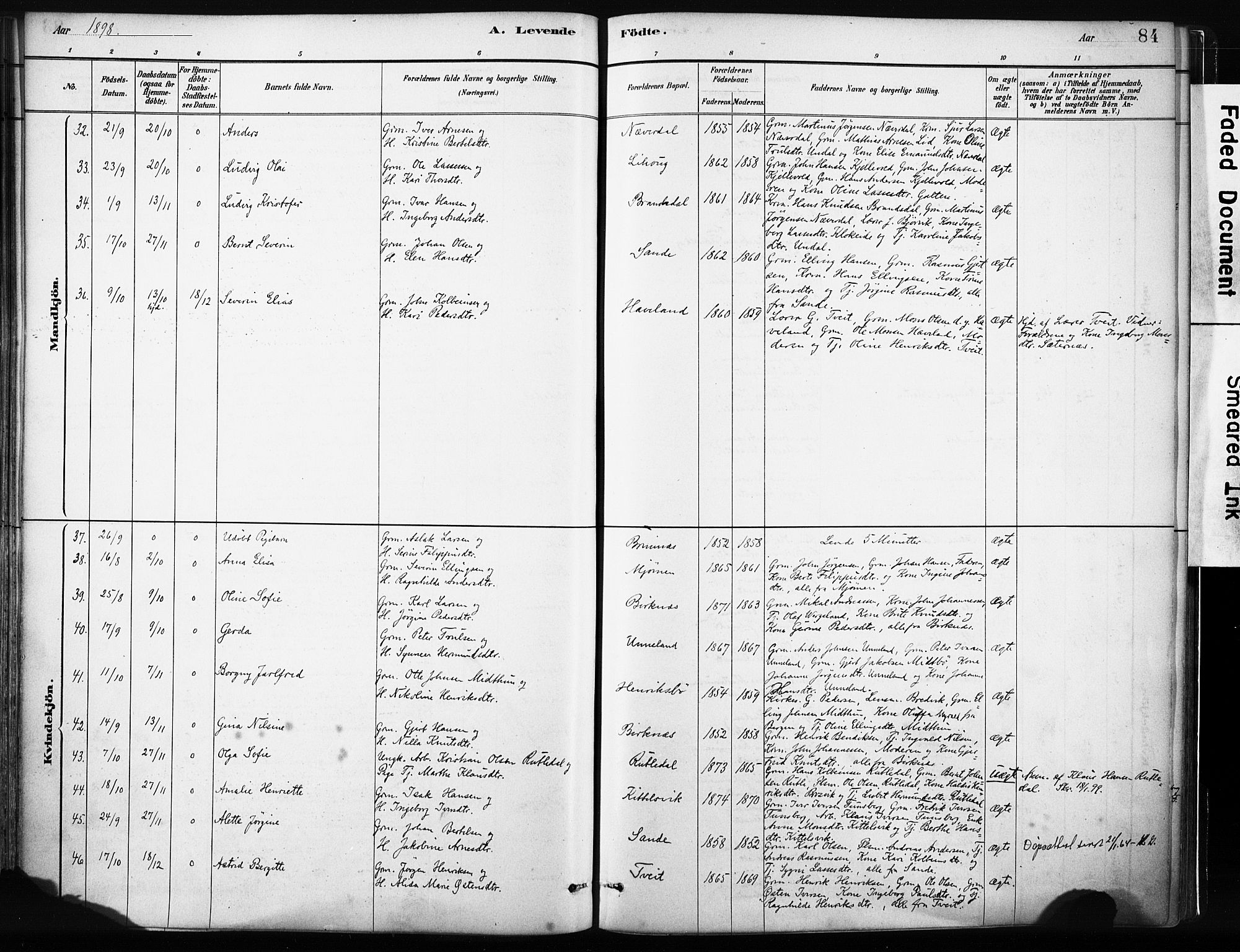 Gulen sokneprestembete, AV/SAB-A-80201/H/Haa/Haab/L0001: Parish register (official) no. B 1, 1881-1905, p. 84