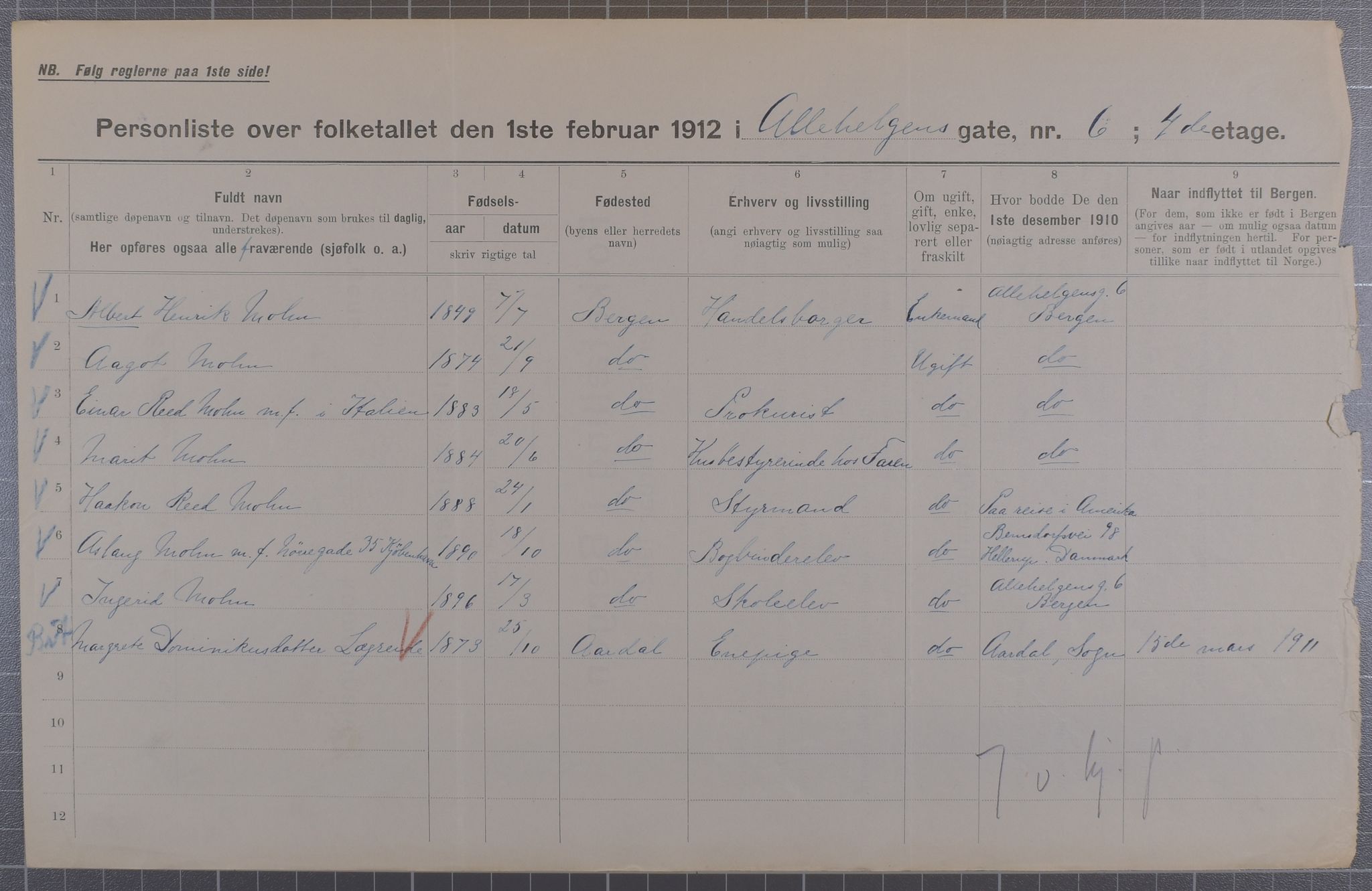 SAB, Municipal Census 1912 for Bergen, 1912, p. 1433