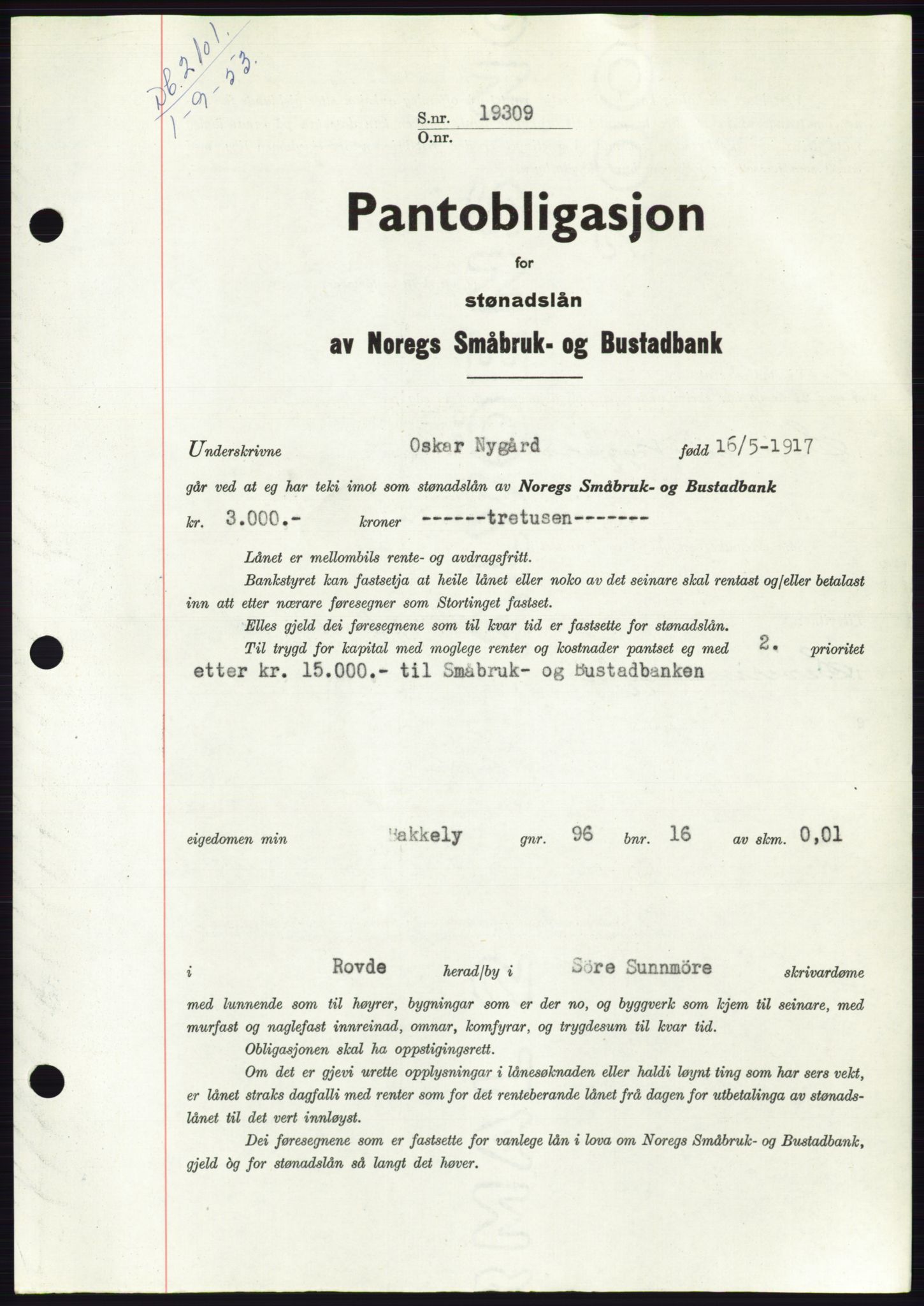 Søre Sunnmøre sorenskriveri, SAT/A-4122/1/2/2C/L0123: Mortgage book no. 11B, 1953-1953, Diary no: : 2101/1953