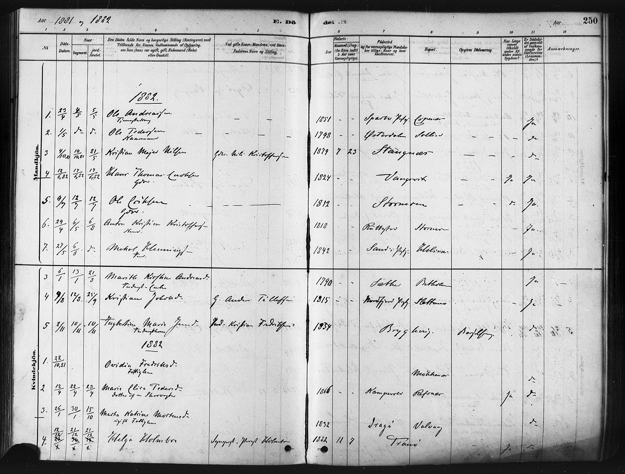 Tranøy sokneprestkontor, AV/SATØ-S-1313/I/Ia/Iaa/L0009kirke: Parish register (official) no. 9, 1878-1904, p. 250