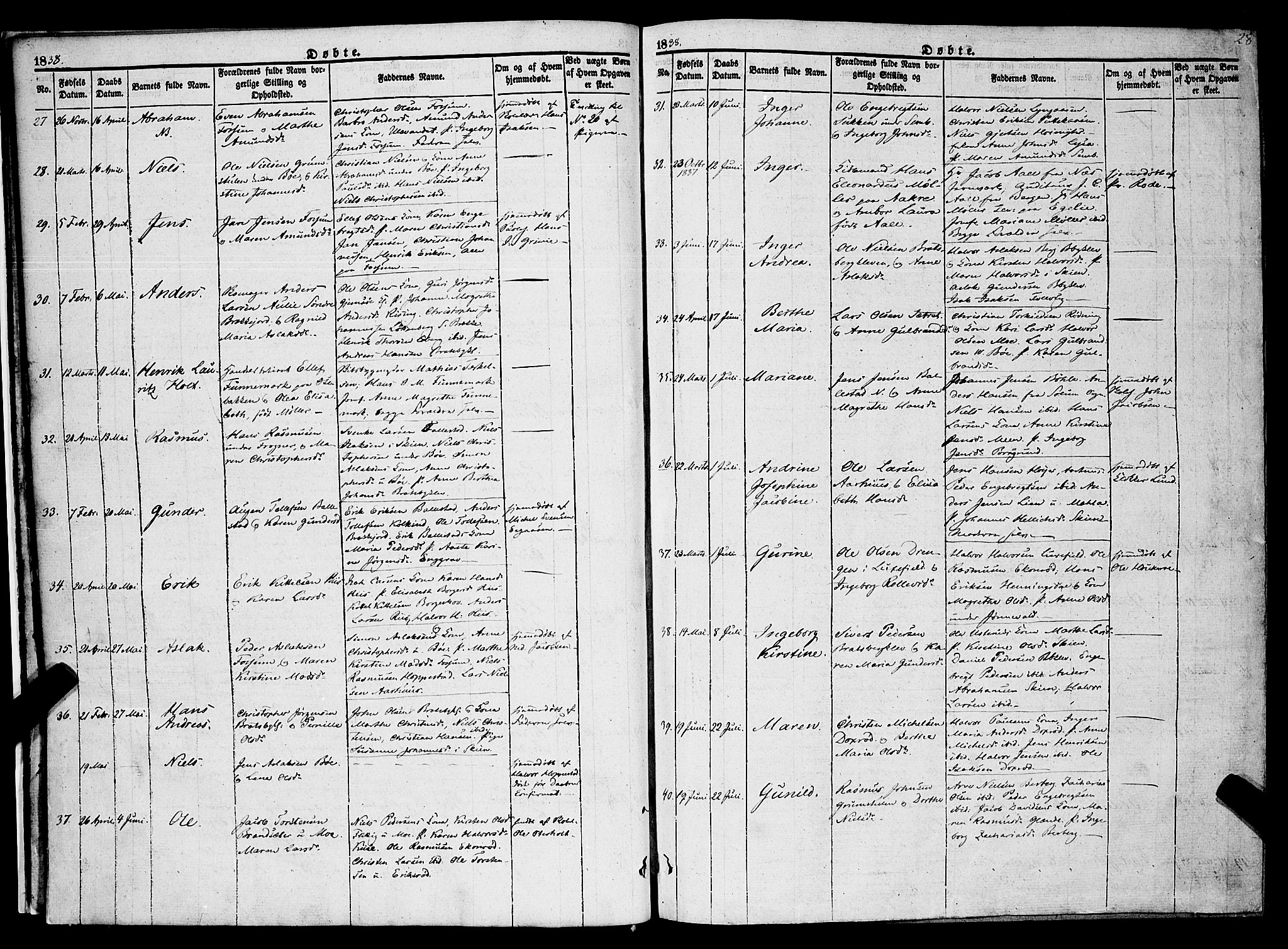 Gjerpen kirkebøker, SAKO/A-265/F/Fa/L0007a: Parish register (official) no. I 7A, 1834-1857, p. 28