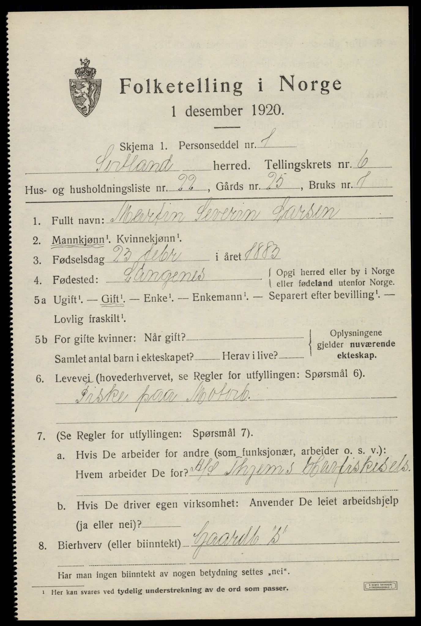 SAT, 1920 census for Sortland, 1920, p. 6516