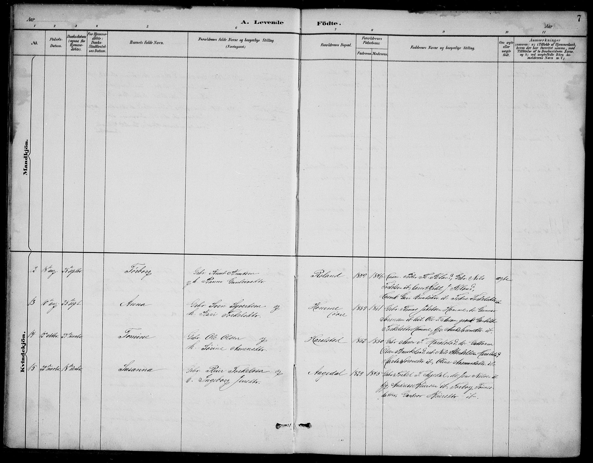 Bjelland sokneprestkontor, AV/SAK-1111-0005/F/Fb/Fba/L0005: Parish register (copy) no. B 5, 1887-1923, p. 7