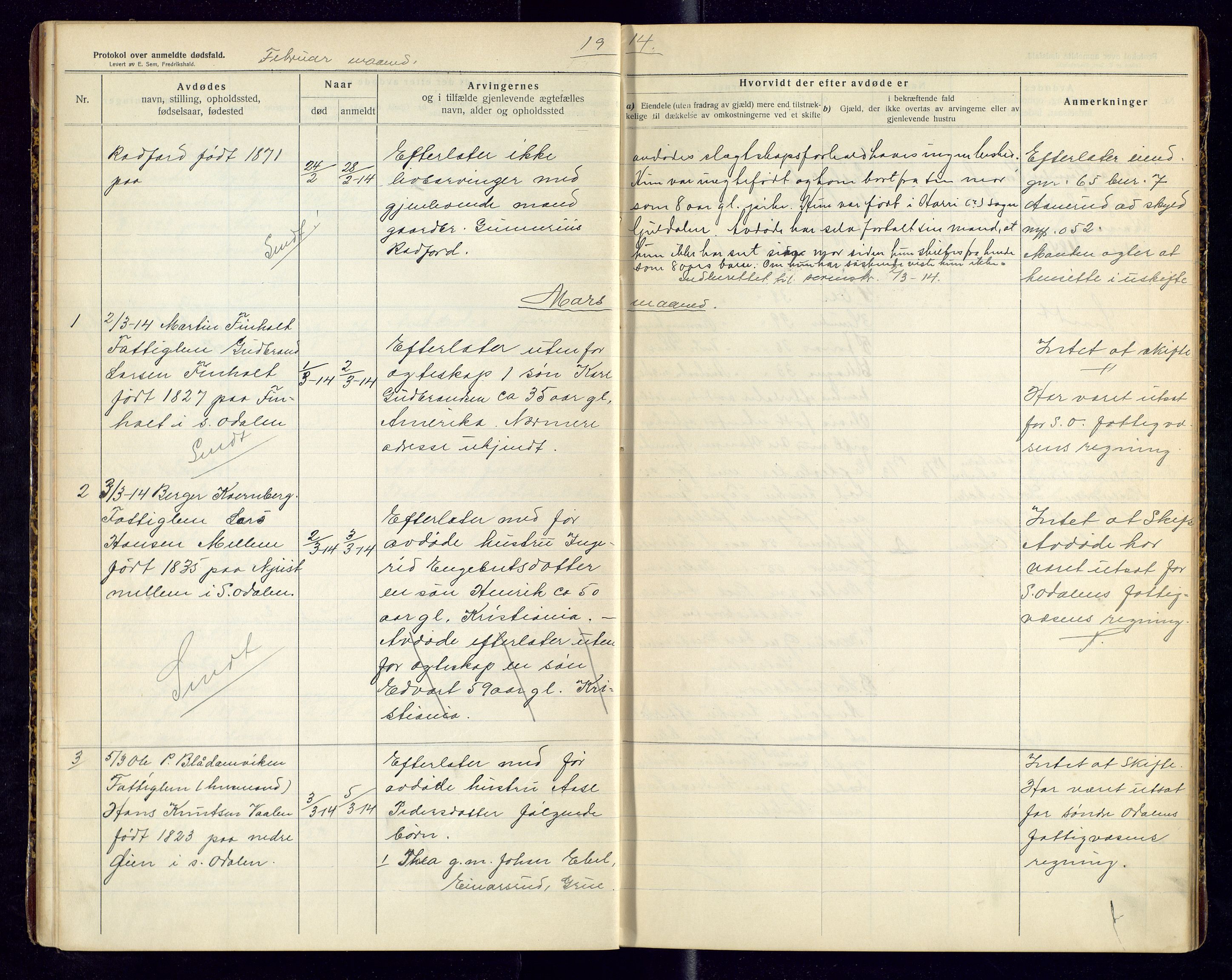 Sør-Odal lensmannskontor, SAH/LHS-022/H/Hb/L0002/0001: Protokoller over anmeldte dødsfall / Protokoll over anmeldte dødsfall, 1913-1915