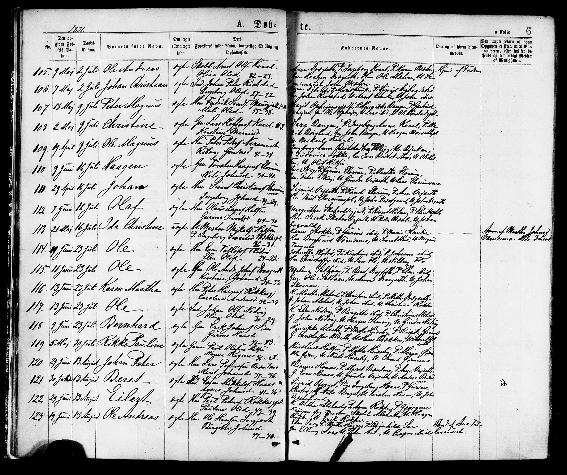 Ministerialprotokoller, klokkerbøker og fødselsregistre - Nord-Trøndelag, AV/SAT-A-1458/709/L0076: Parish register (official) no. 709A16, 1871-1879, p. 6