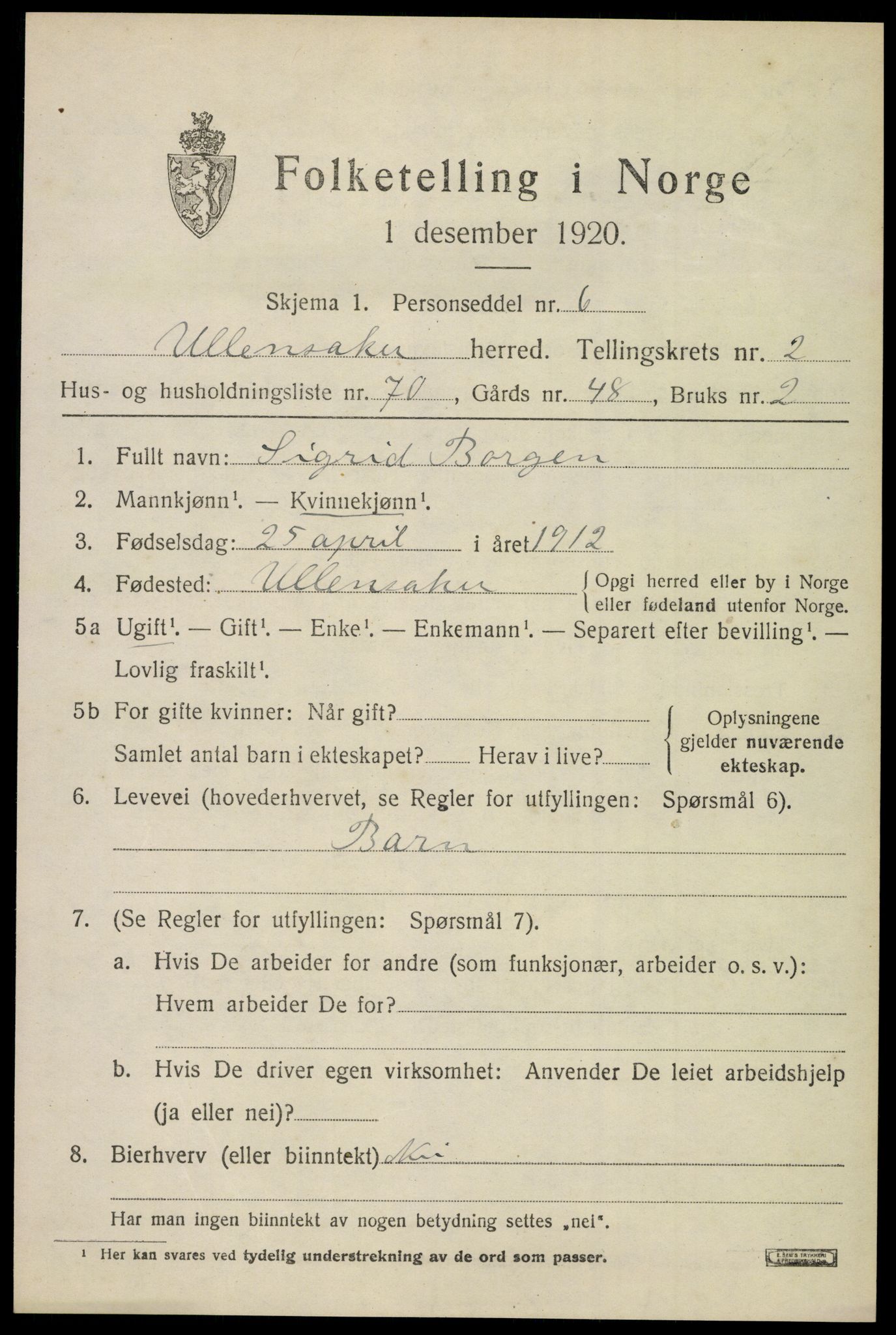 SAO, 1920 census for Ullensaker, 1920, p. 5513