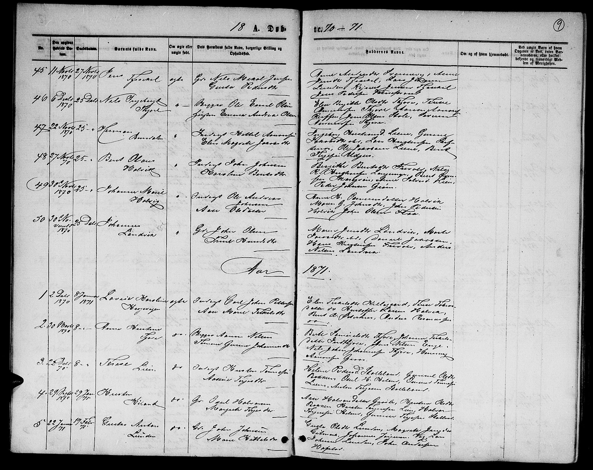 Hommedal sokneprestkontor, SAK/1111-0023/F/Fb/Fbb/L0006: Parish register (copy) no. B 6, 1869-1884, p. 9