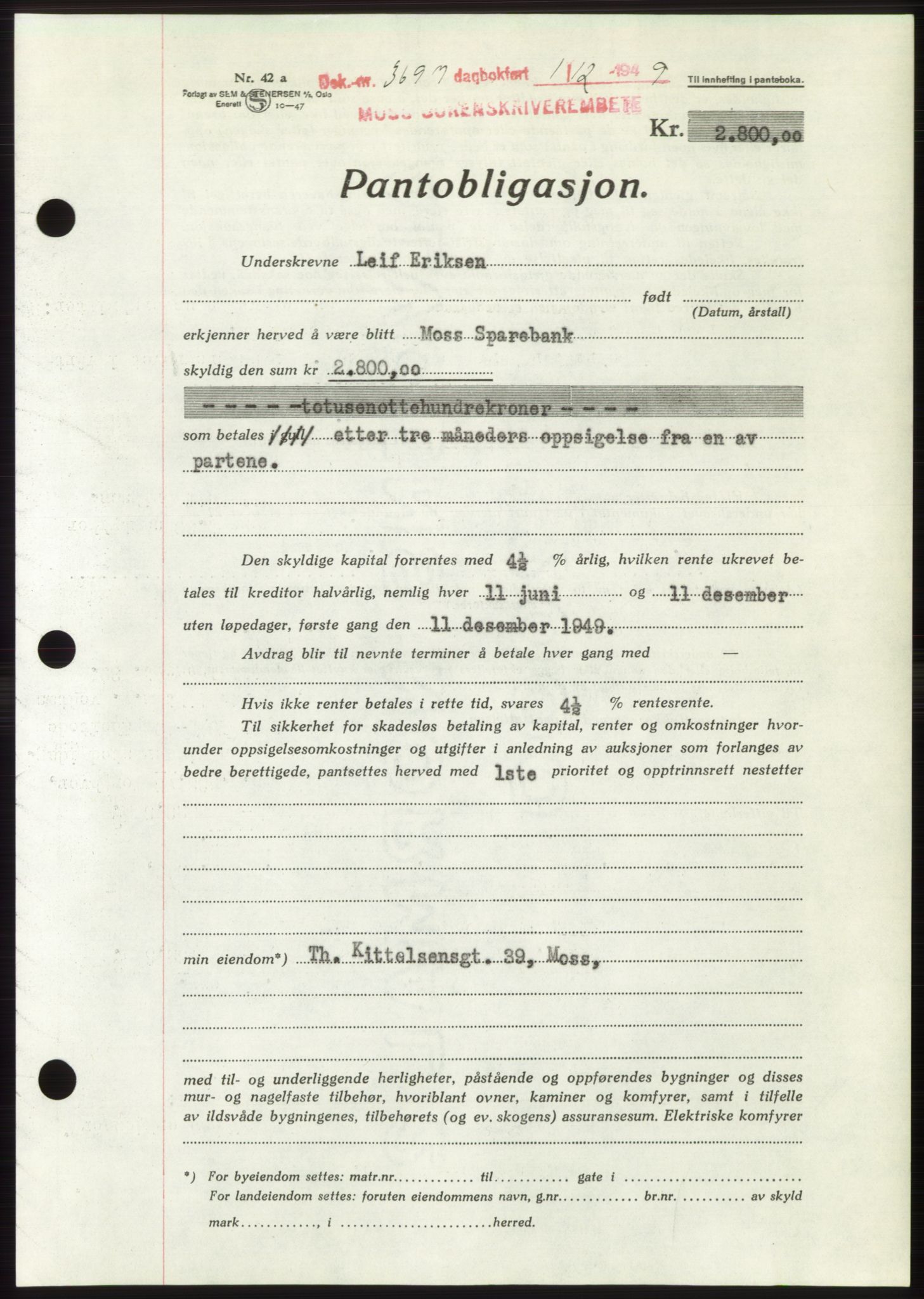 Moss sorenskriveri, SAO/A-10168: Mortgage book no. B23, 1949-1950, Diary no: : 3697/1949