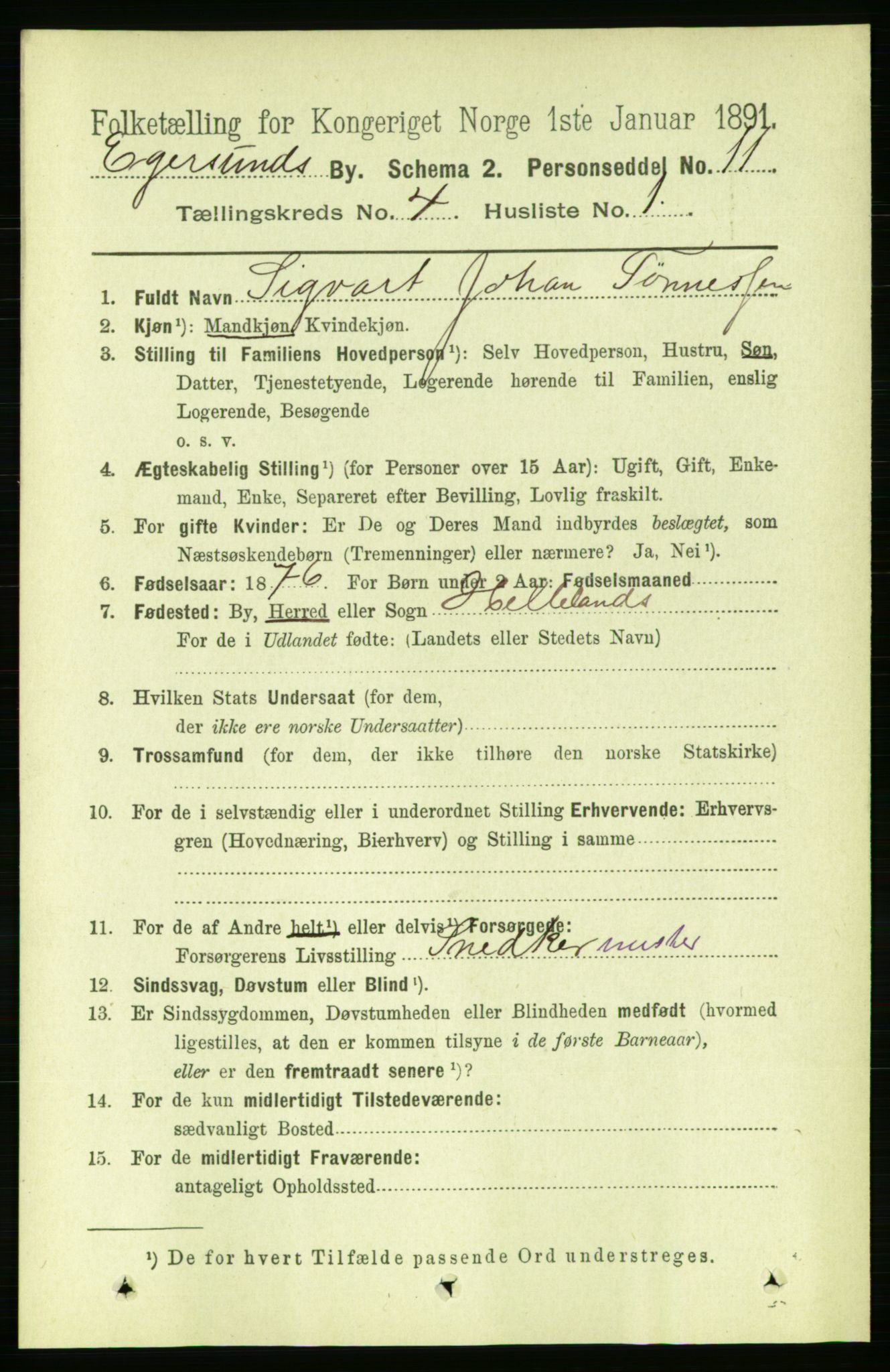 RA, 1891 census for 1101 Egersund, 1891, p. 610