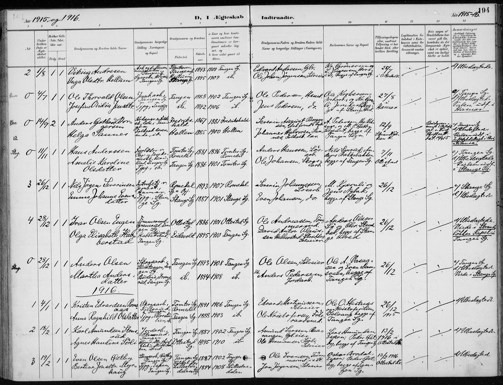 Stange prestekontor, AV/SAH-PREST-002/K/L0023: Parish register (official) no. 23, 1897-1920, p. 194