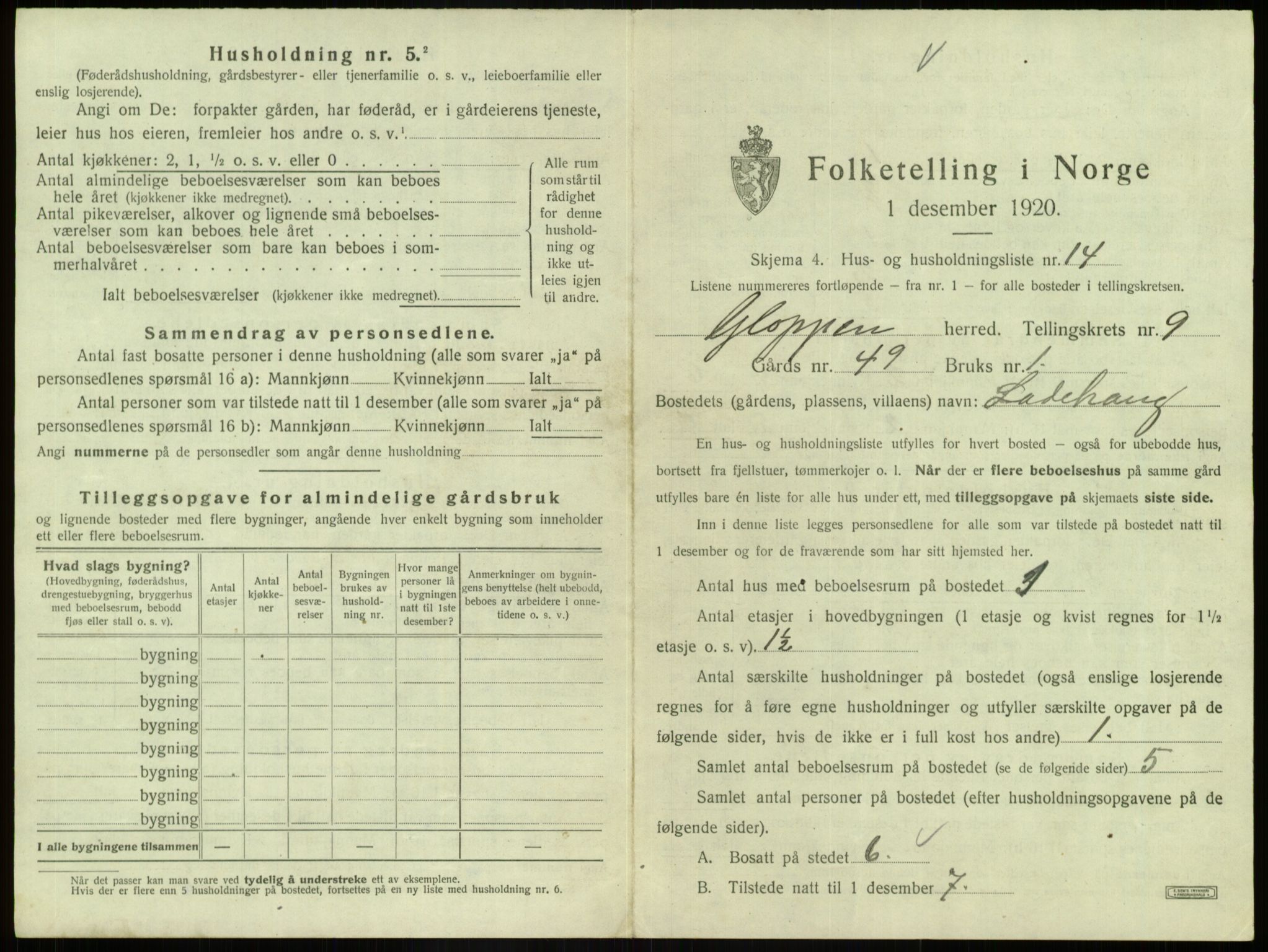 SAB, 1920 census for Gloppen, 1920, p. 637