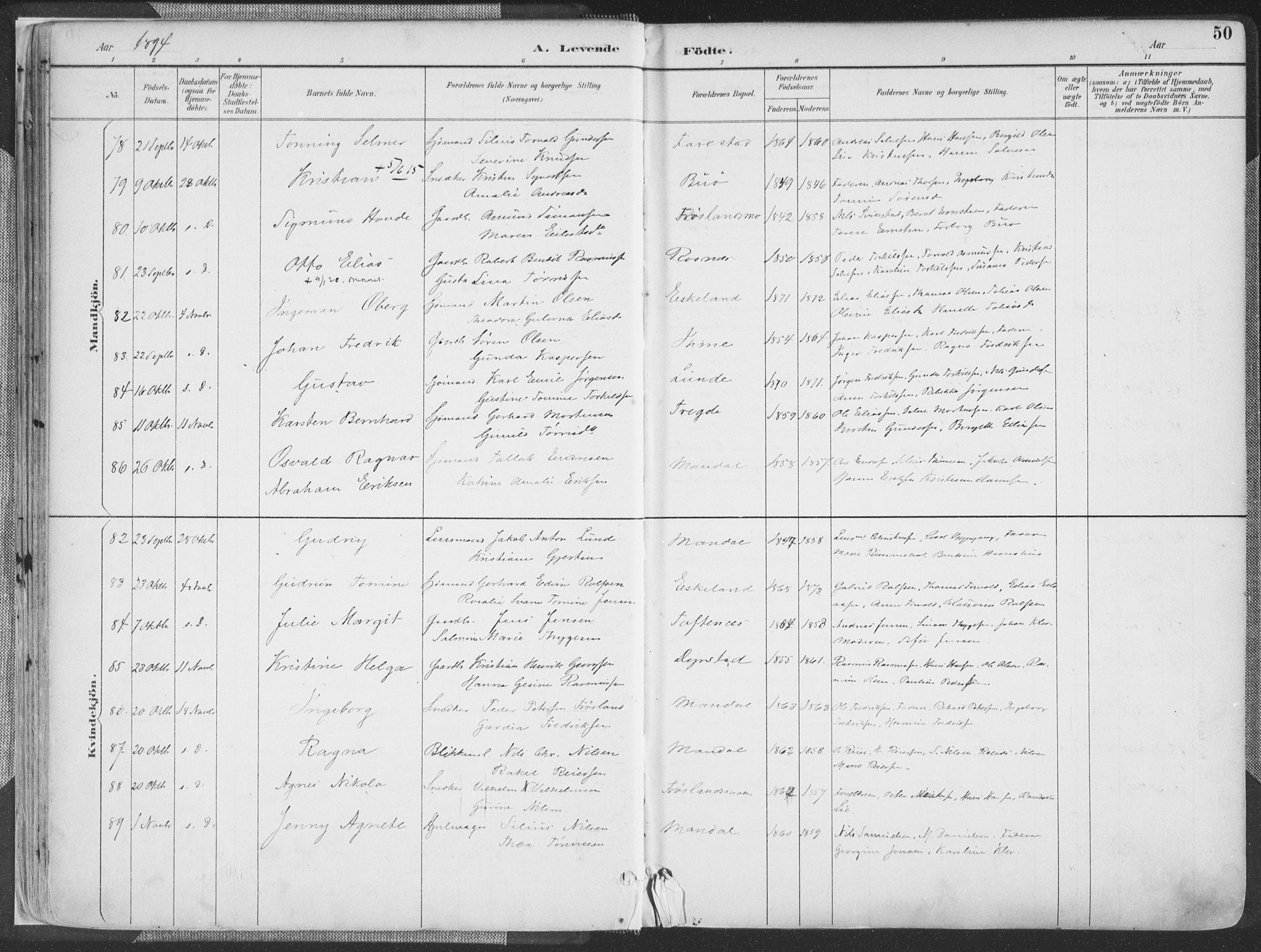 Mandal sokneprestkontor, AV/SAK-1111-0030/F/Fa/Faa/L0018: Parish register (official) no. A 18, 1890-1905, p. 50