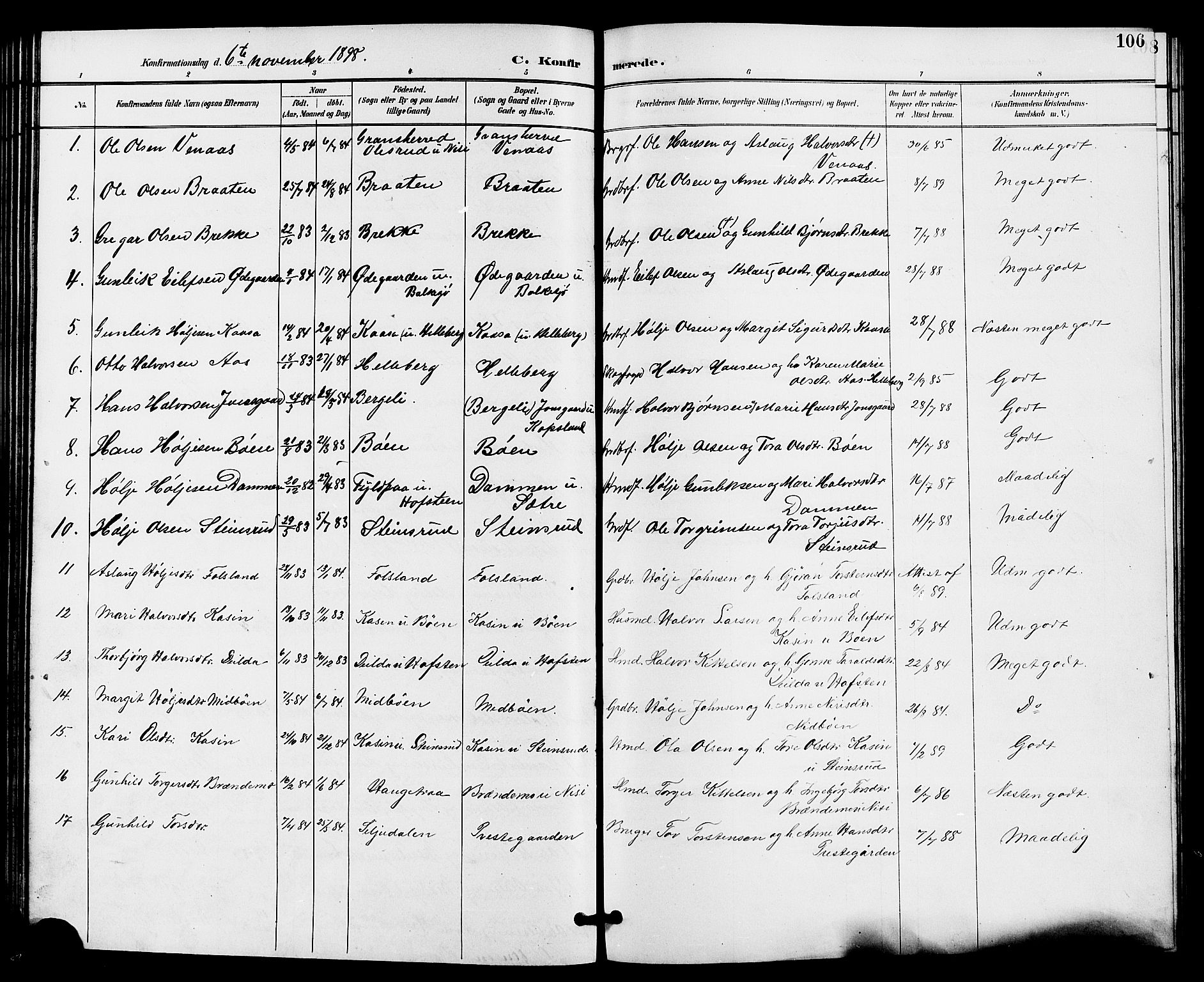 Gransherad kirkebøker, SAKO/A-267/G/Ga/L0003: Parish register (copy) no. I 3, 1887-1915, p. 106