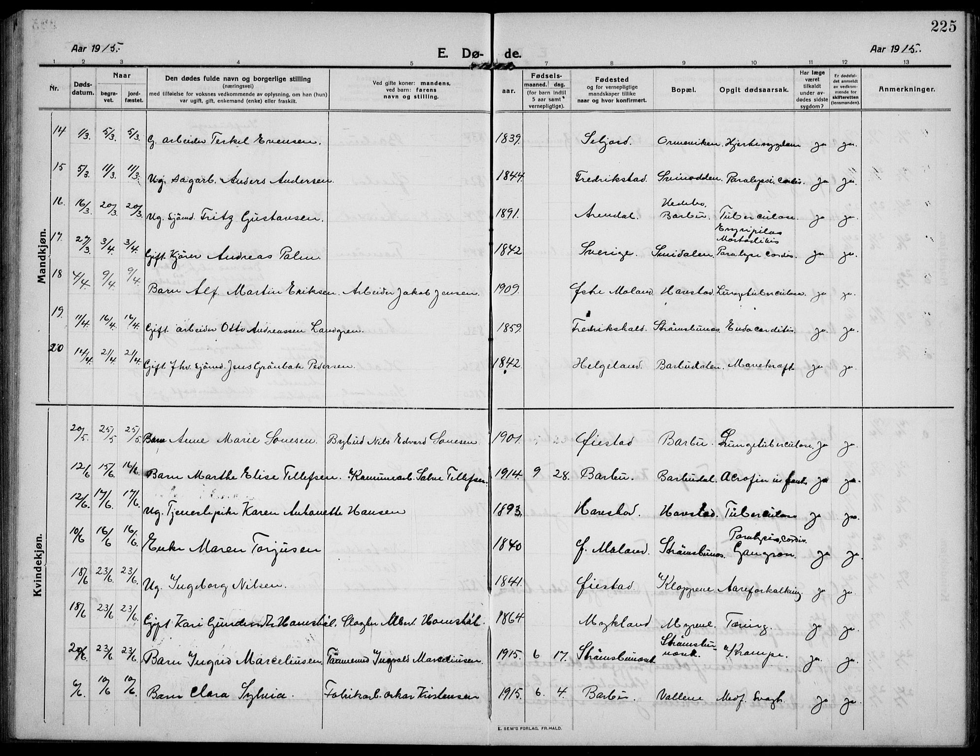Barbu sokneprestkontor, AV/SAK-1111-0003/F/Fb/L0004: Parish register (copy) no. B 4, 1911-1936, p. 225