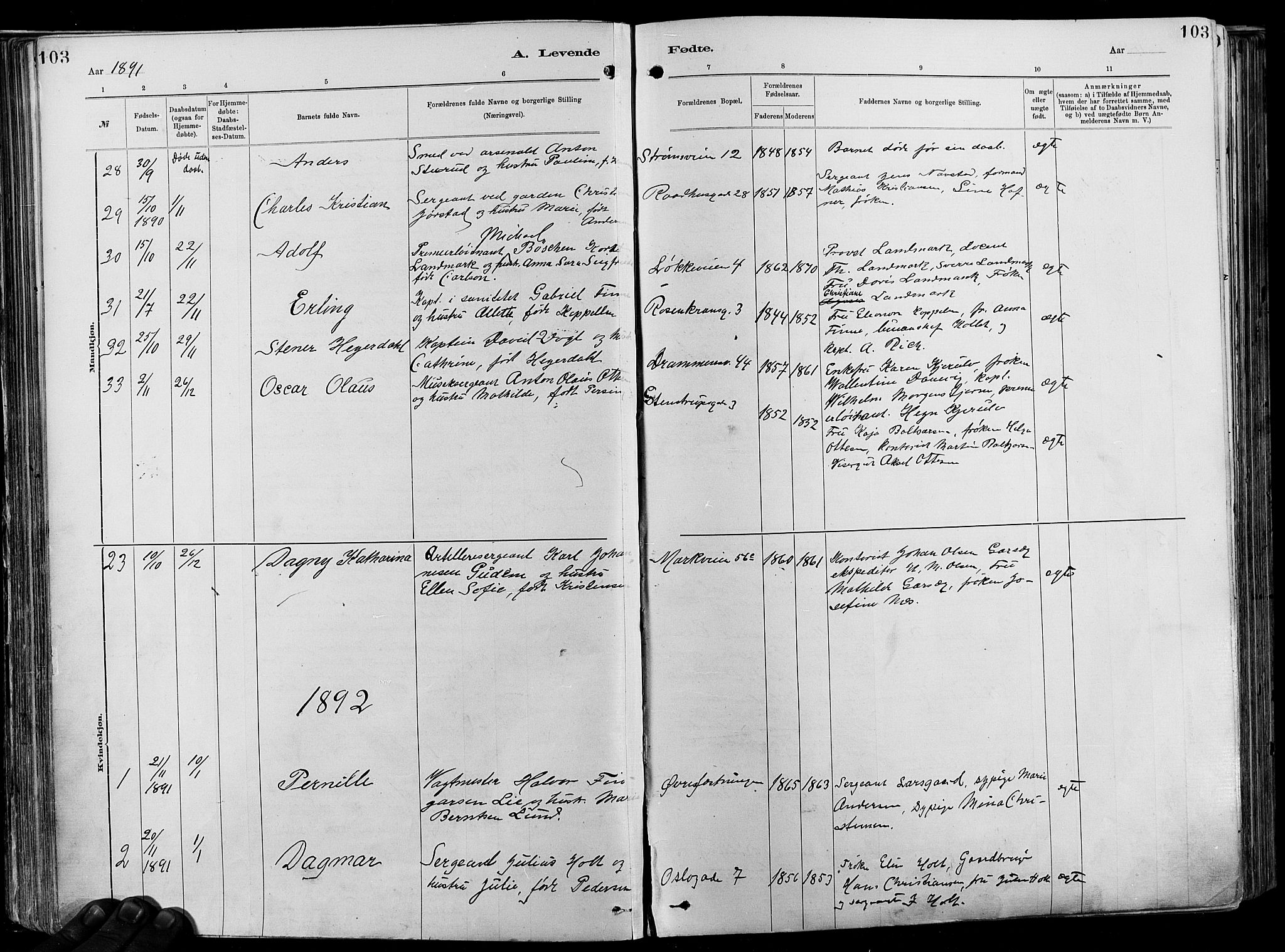 Garnisonsmenigheten Kirkebøker, SAO/A-10846/F/Fa/L0012: Parish register (official) no. 12, 1880-1893, p. 103