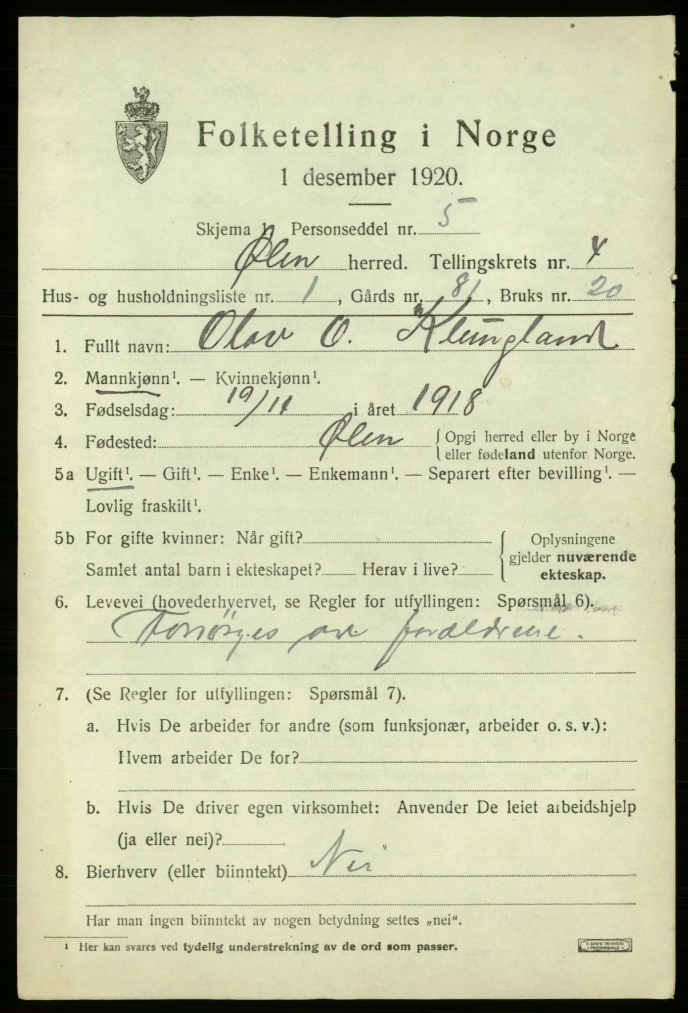 SAB, 1920 census for Ølen, 1920, p. 1911