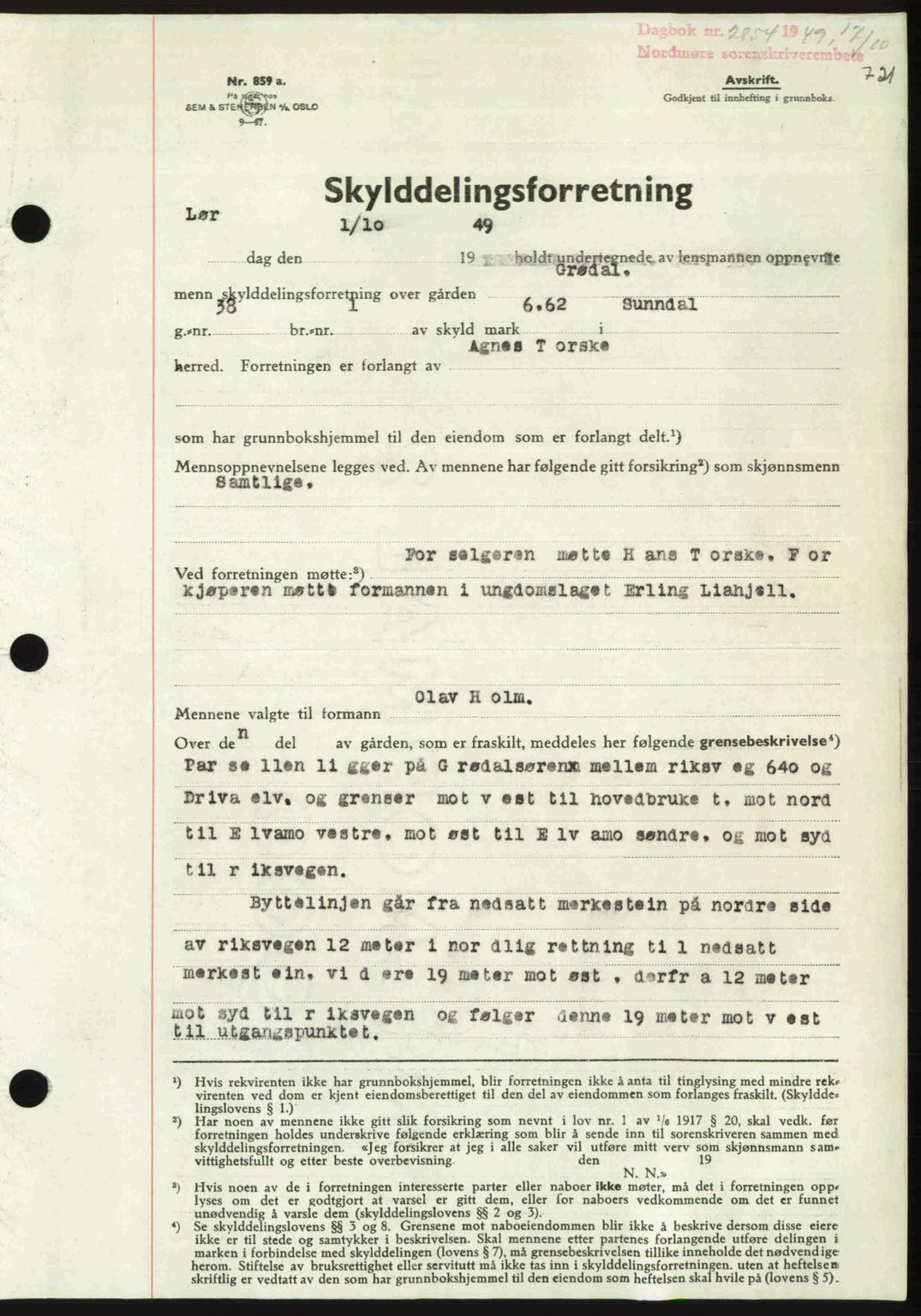 Nordmøre sorenskriveri, AV/SAT-A-4132/1/2/2Ca: Mortgage book no. A112, 1949-1949, Diary no: : 2854/1949