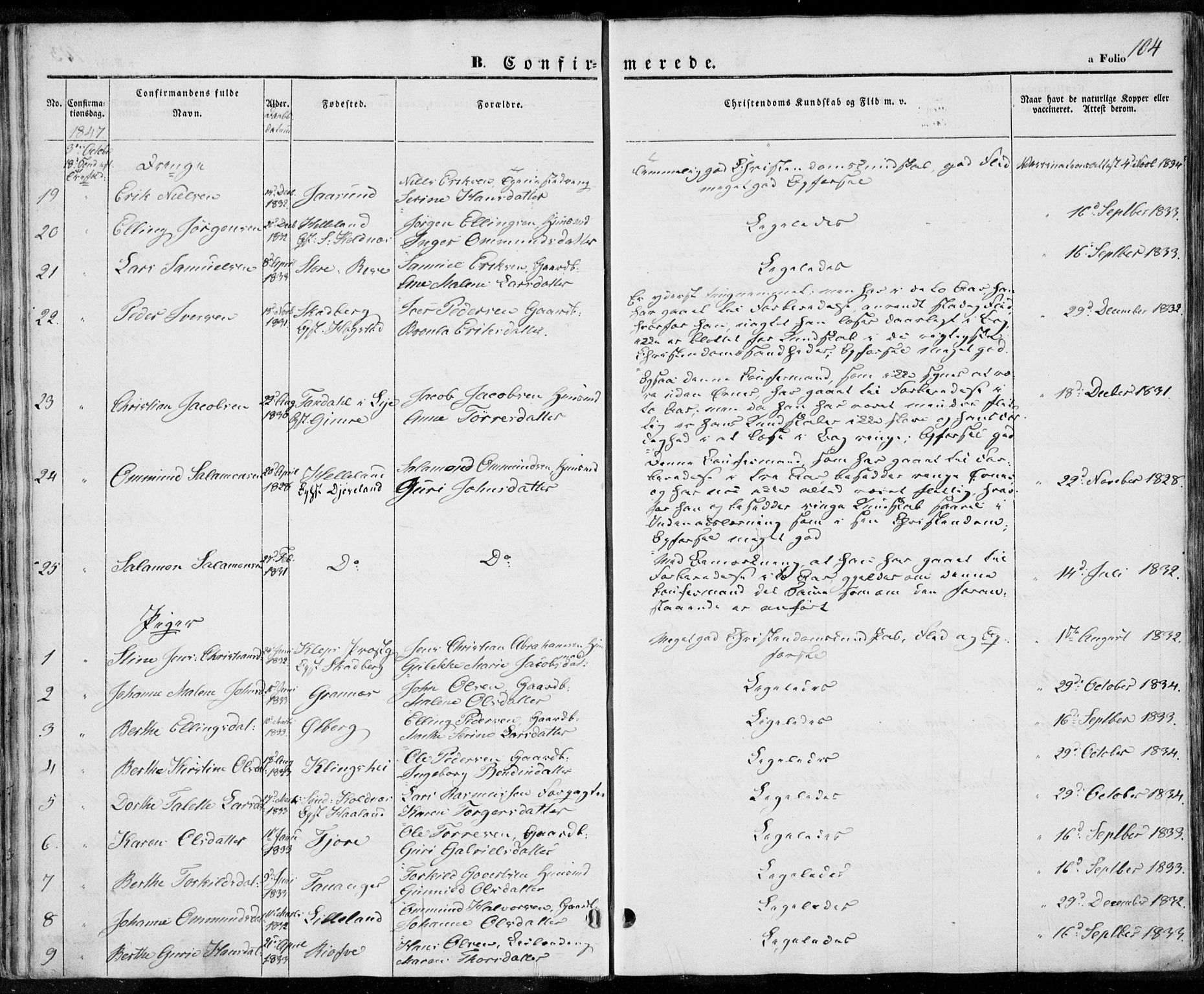 Håland sokneprestkontor, AV/SAST-A-101802/001/30BA/L0006: Parish register (official) no. A 6, 1842-1853, p. 104