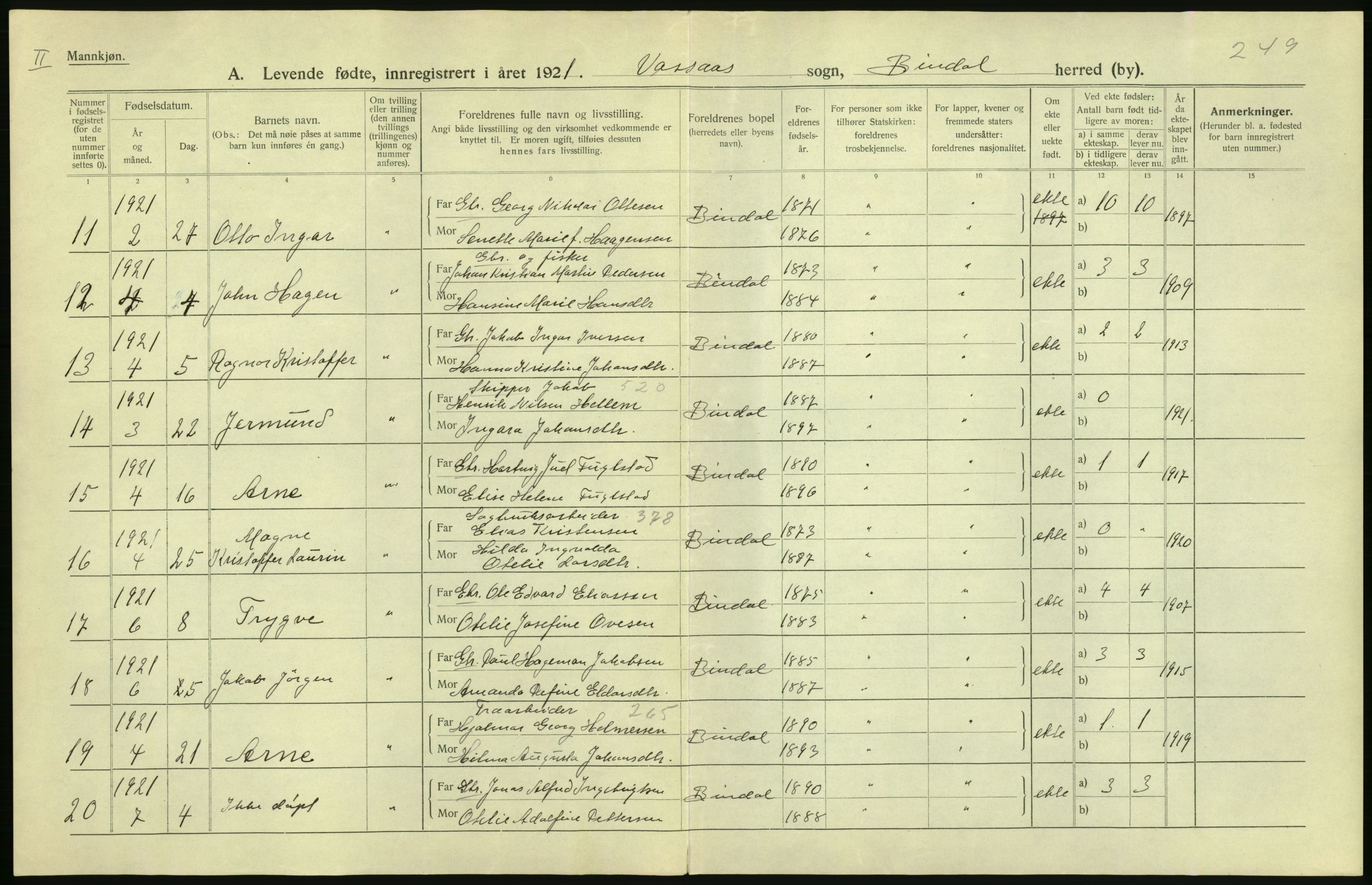 Statistisk sentralbyrå, Sosiodemografiske emner, Befolkning, AV/RA-S-2228/D/Df/Dfc/Dfca/L0049: Nordland fylke: Levendefødte menn og kvinner. Bygder., 1921, p. 460