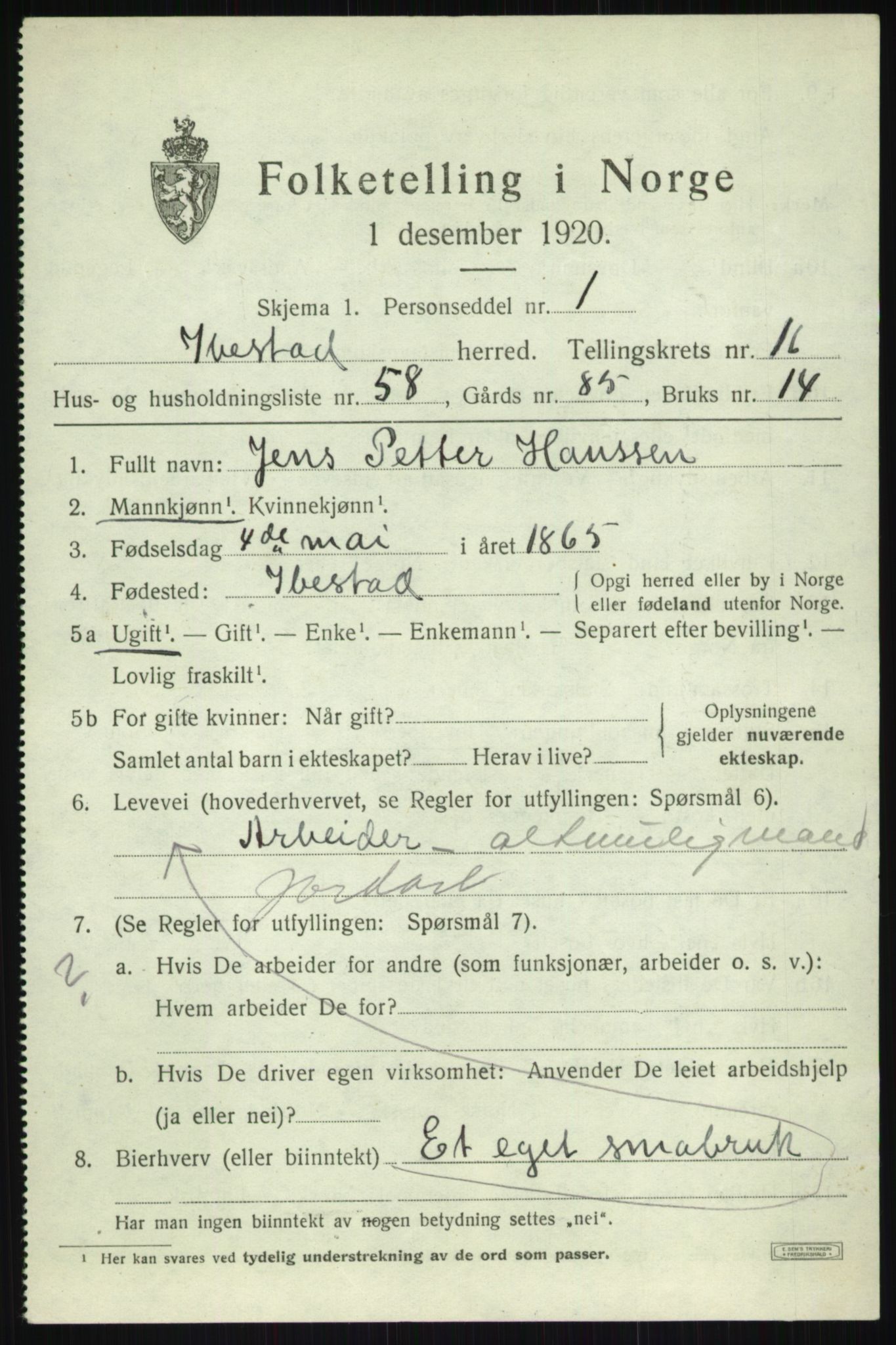 SATØ, 1920 census for Ibestad, 1920, p. 8696