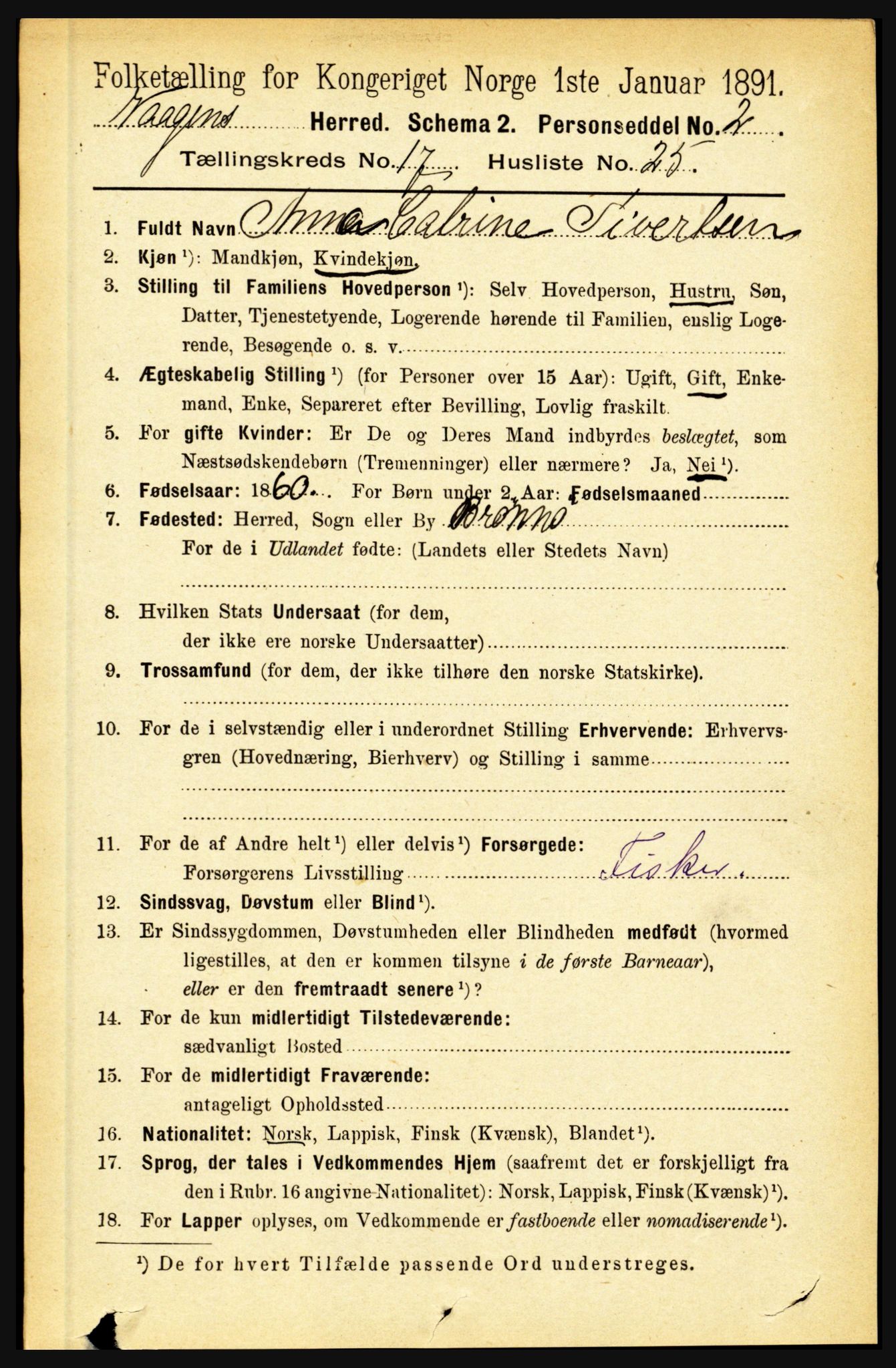 RA, 1891 census for 1865 Vågan, 1891, p. 5065