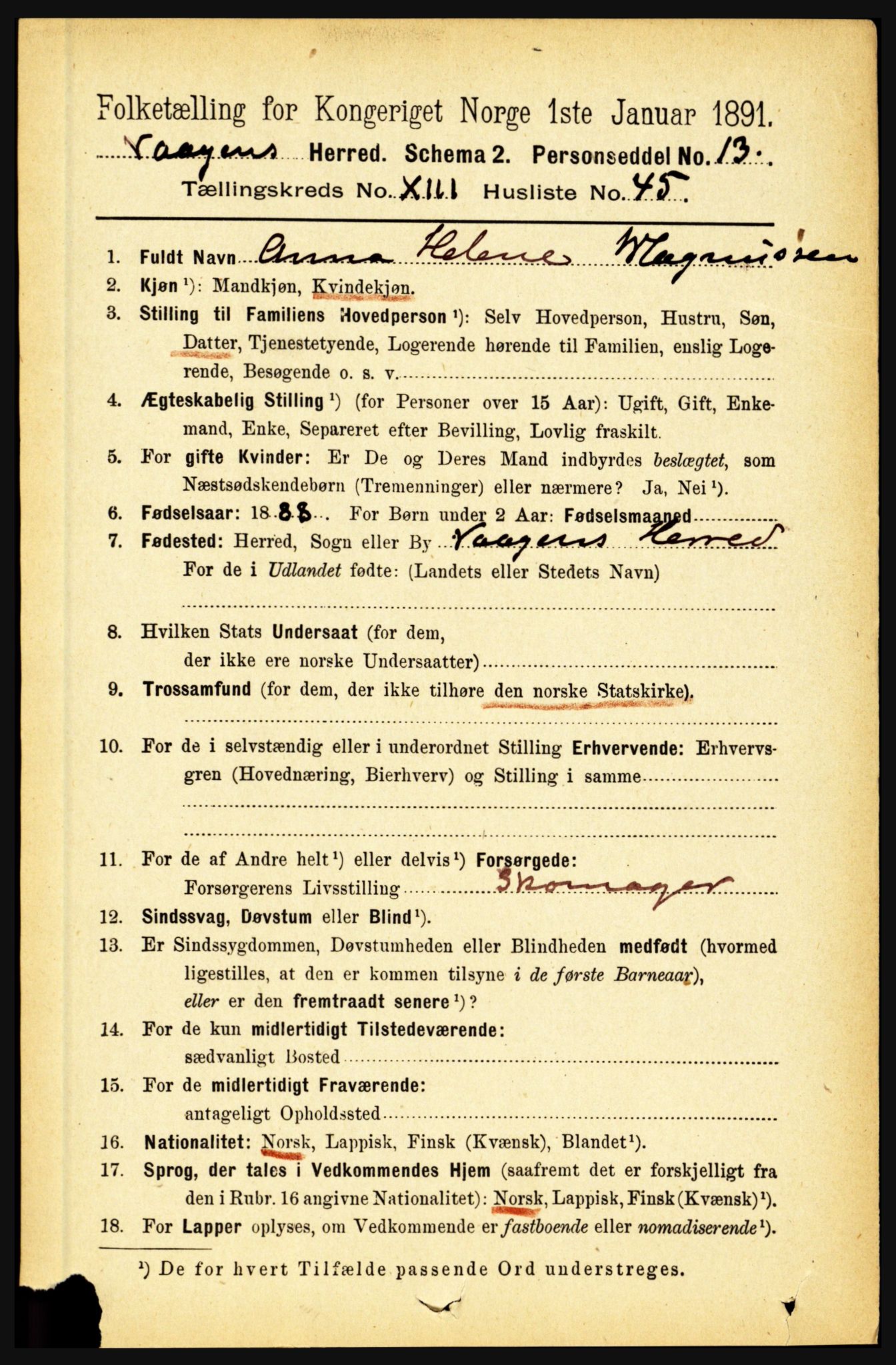 RA, 1891 census for 1865 Vågan, 1891, p. 3599