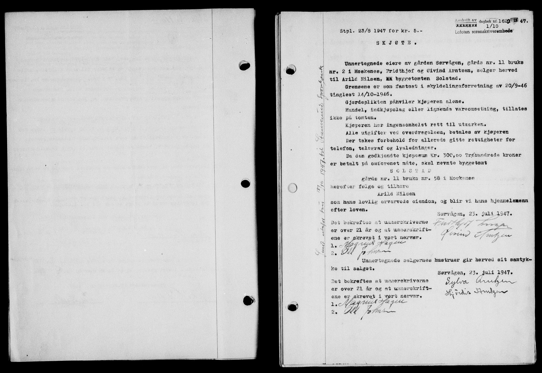 Lofoten sorenskriveri, SAT/A-0017/1/2/2C/L0017a: Mortgage book no. 17a, 1947-1948, Diary no: : 1620/1947