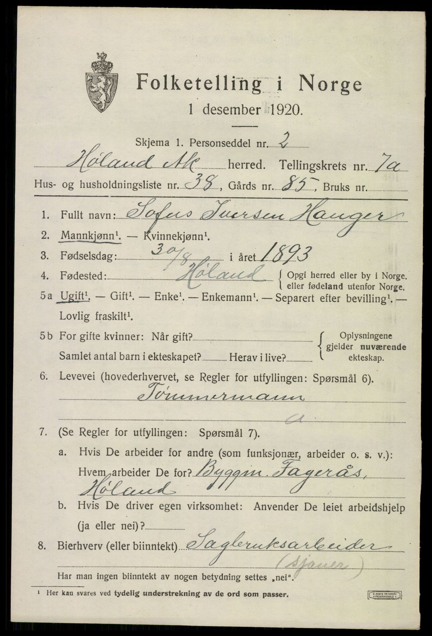 SAO, 1920 census for Høland, 1920, p. 9615