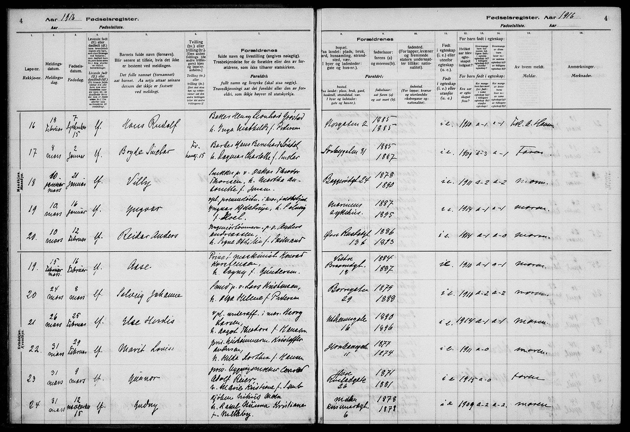 Horten kirkebøker, AV/SAKO-A-348/J/Ja/L0001: Birth register no. 1, 1916-1923, p. 4