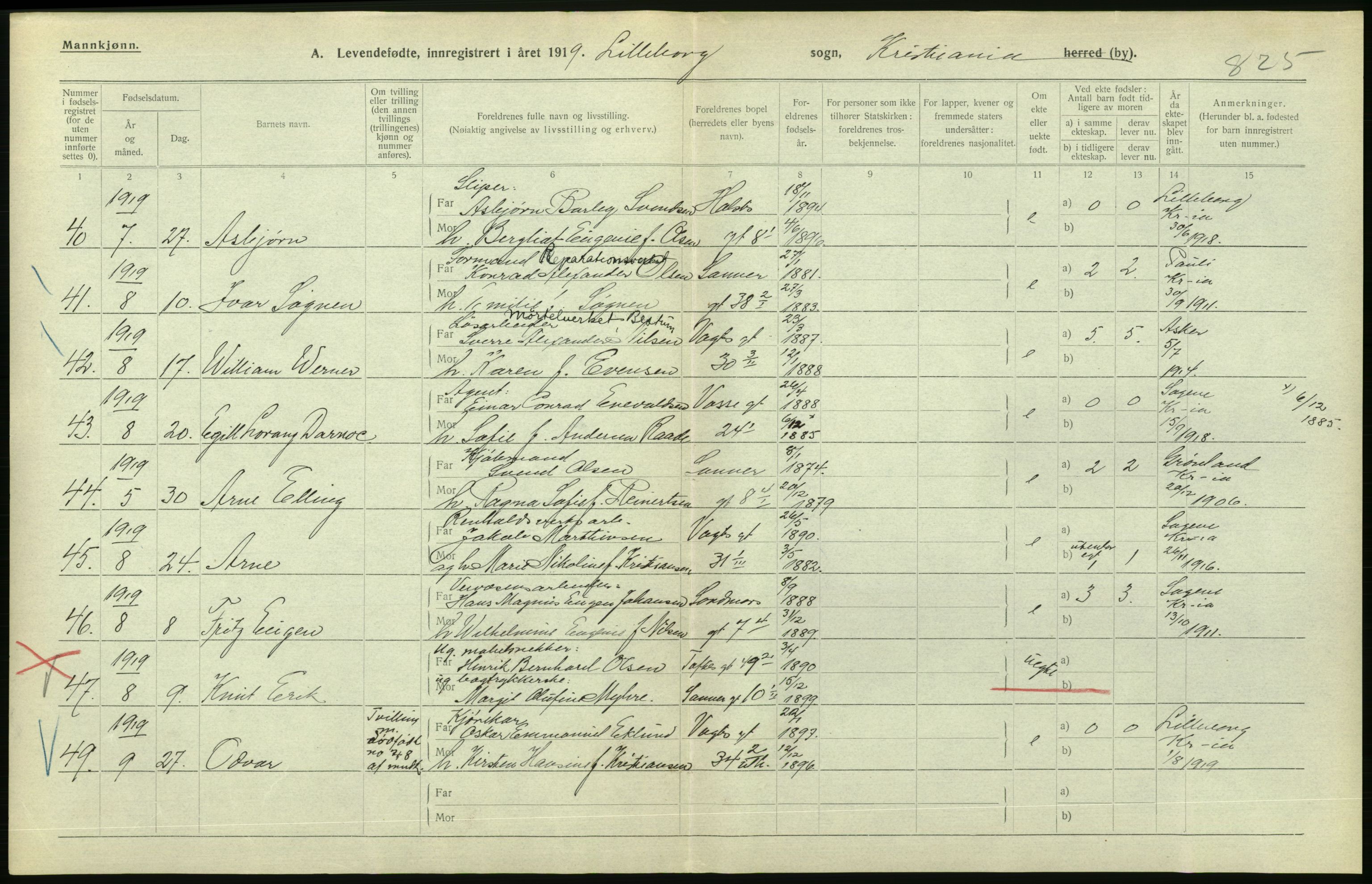 Statistisk sentralbyrå, Sosiodemografiske emner, Befolkning, AV/RA-S-2228/D/Df/Dfb/Dfbi/L0008: Kristiania: Levendefødte menn og kvinner., 1919