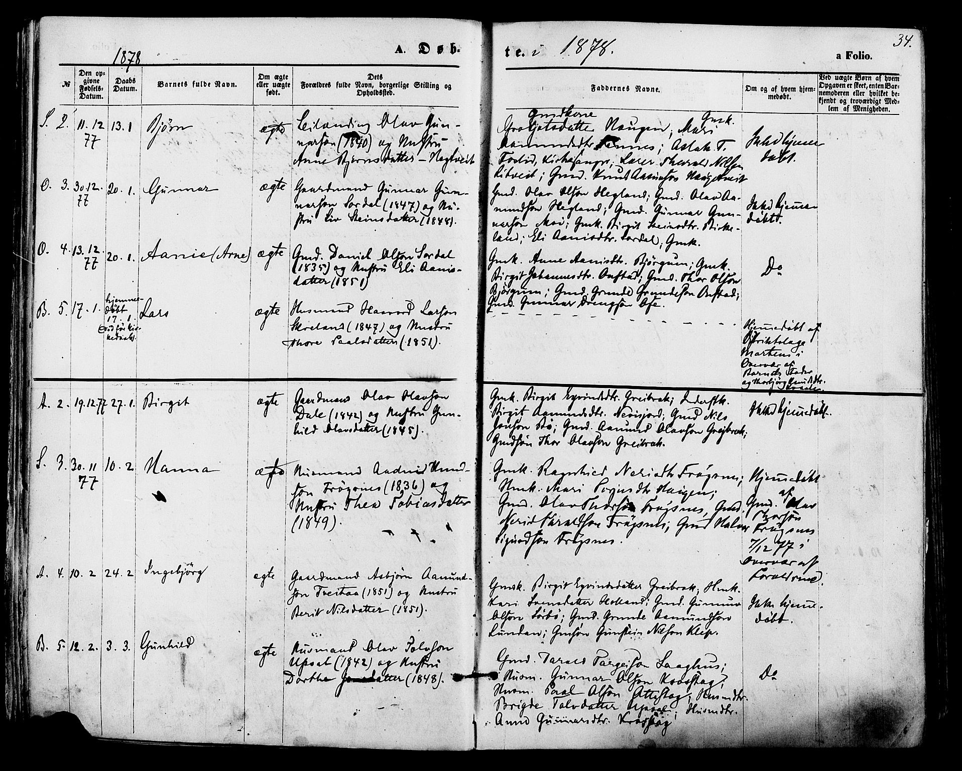 Bygland sokneprestkontor, AV/SAK-1111-0006/F/Fa/Fab/L0006: Parish register (official) no. A 6, 1873-1884, p. 34