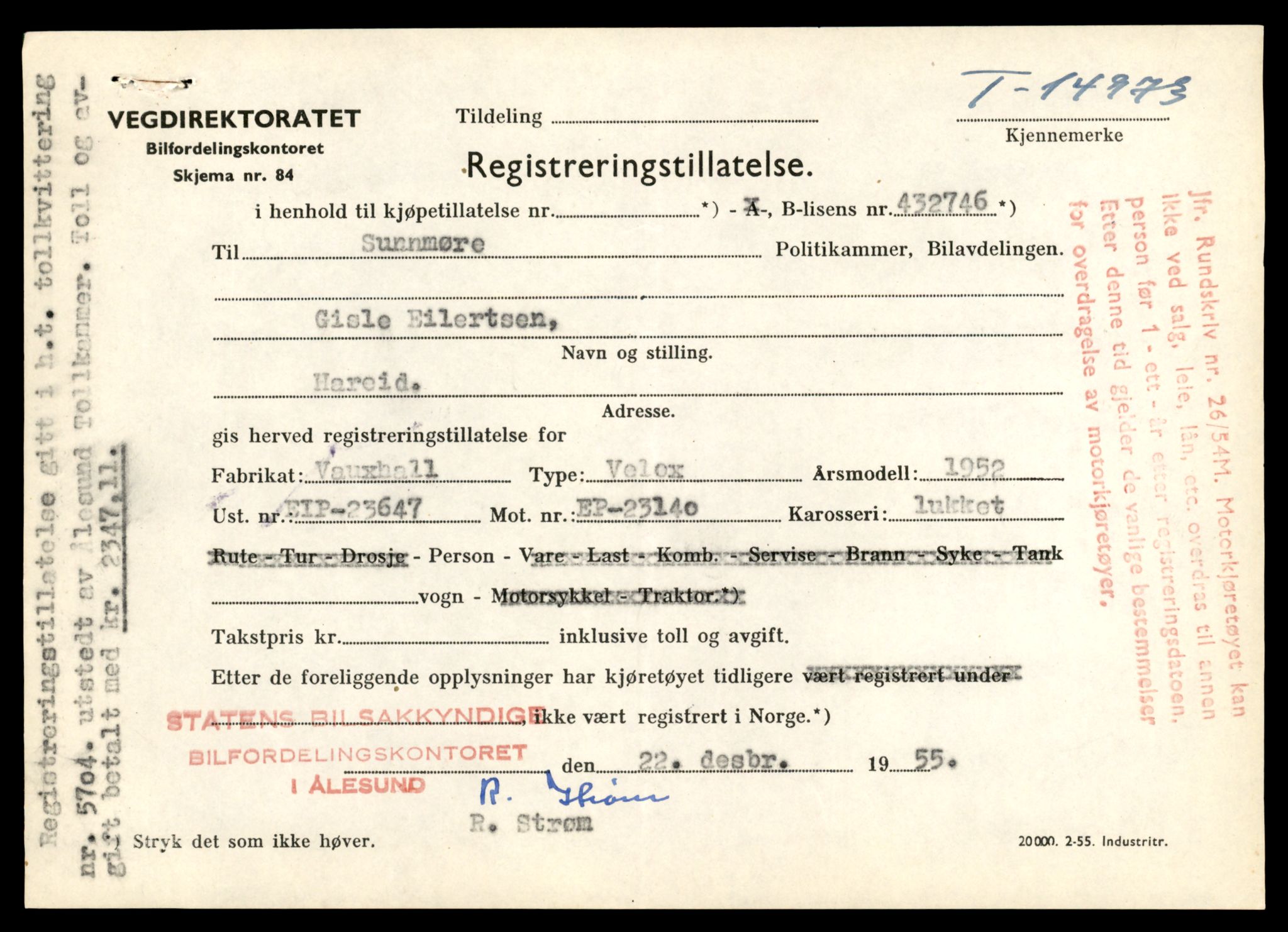 Møre og Romsdal vegkontor - Ålesund trafikkstasjon, AV/SAT-A-4099/F/Fe/L0049: Registreringskort for kjøretøy T 14864 - T 18613, 1927-1998, p. 2567