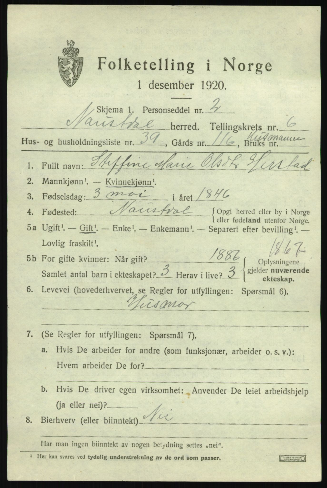 SAB, 1920 census for Naustdal, 1920, p. 4163