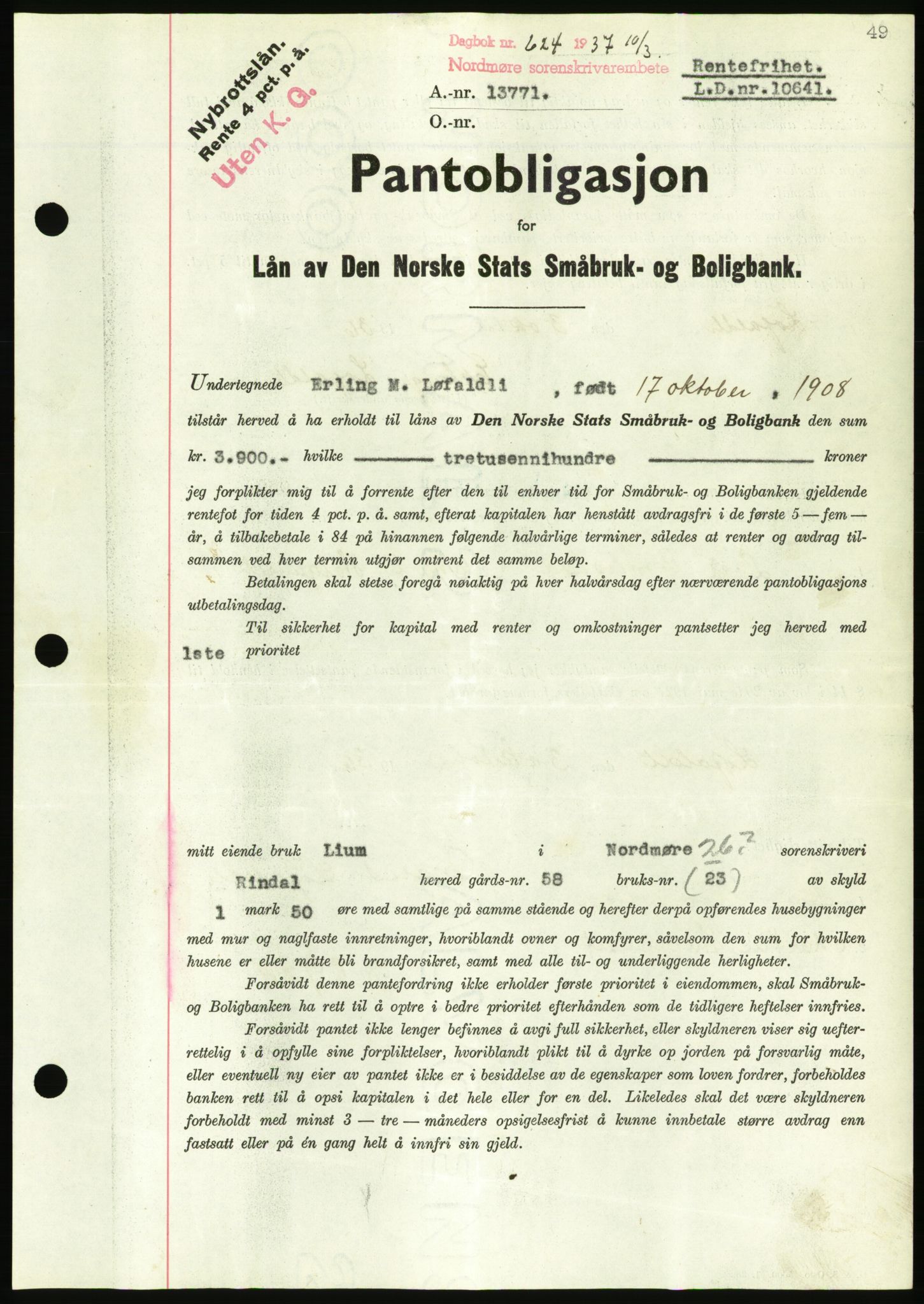 Nordmøre sorenskriveri, AV/SAT-A-4132/1/2/2Ca/L0091: Mortgage book no. B81, 1937-1937, Diary no: : 624/1937