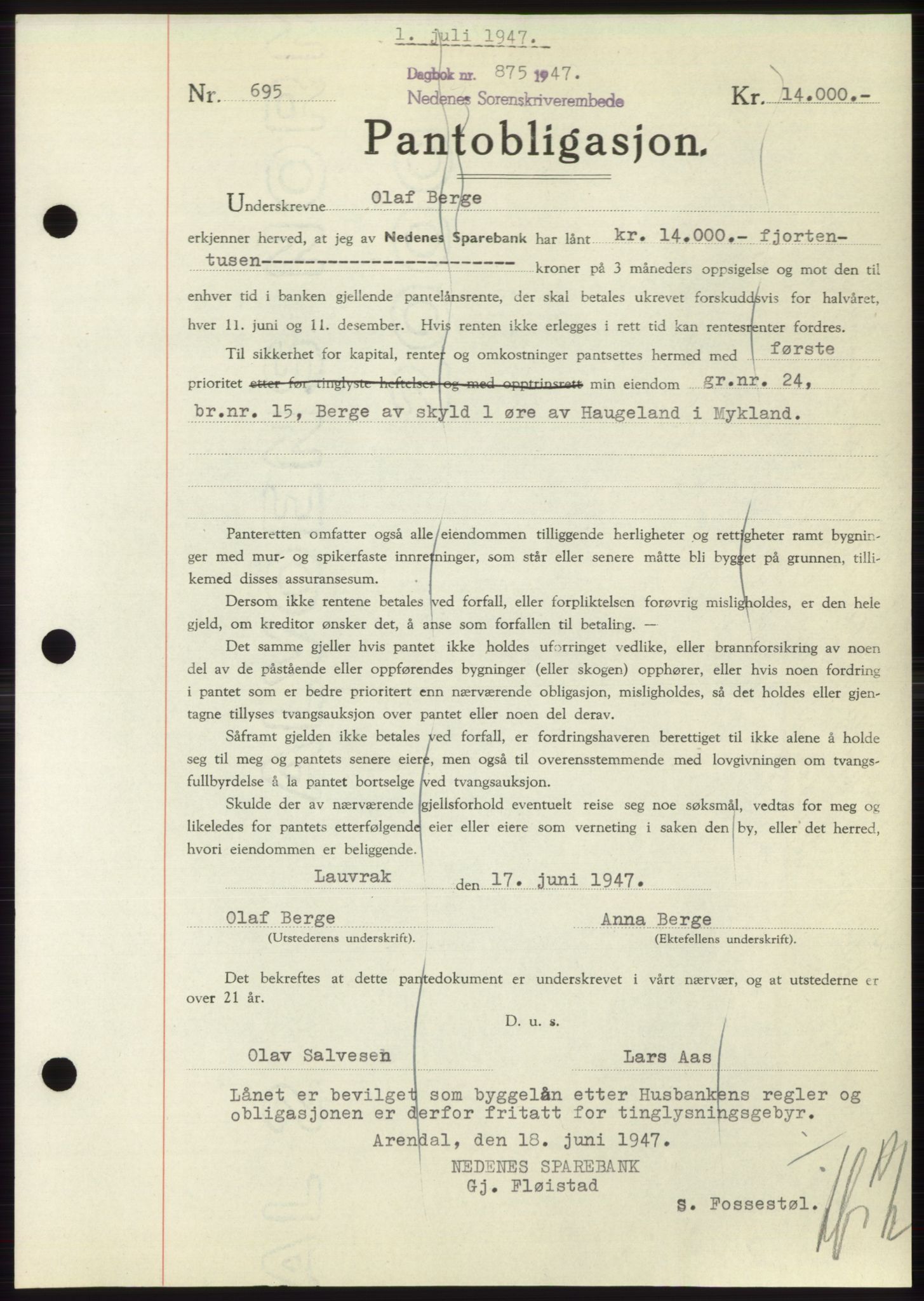 Nedenes sorenskriveri, AV/SAK-1221-0006/G/Gb/Gbb/L0004: Mortgage book no. B4, 1947-1947, Diary no: : 875/1947