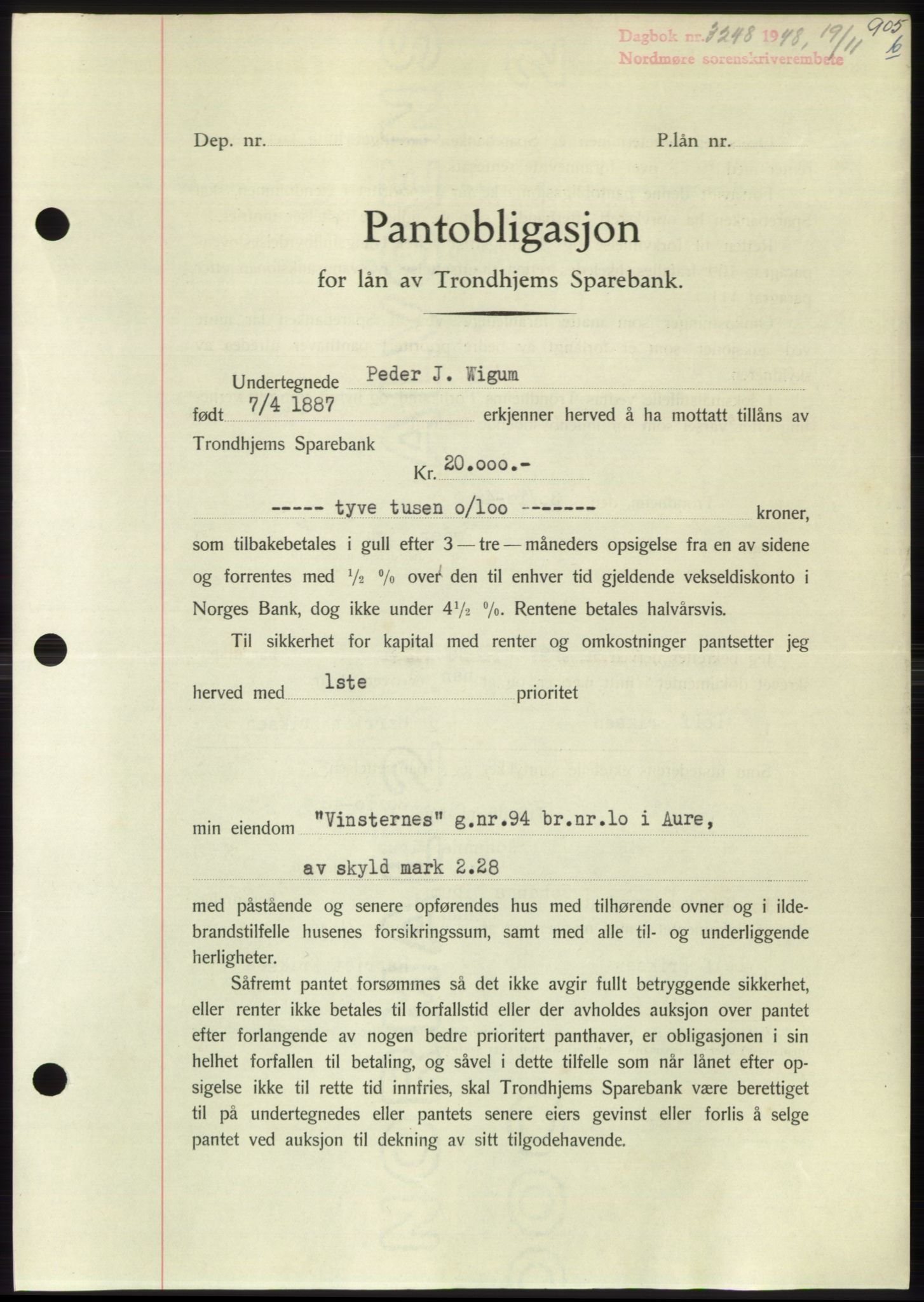 Nordmøre sorenskriveri, AV/SAT-A-4132/1/2/2Ca: Mortgage book no. B100, 1948-1949, Diary no: : 3248/1948