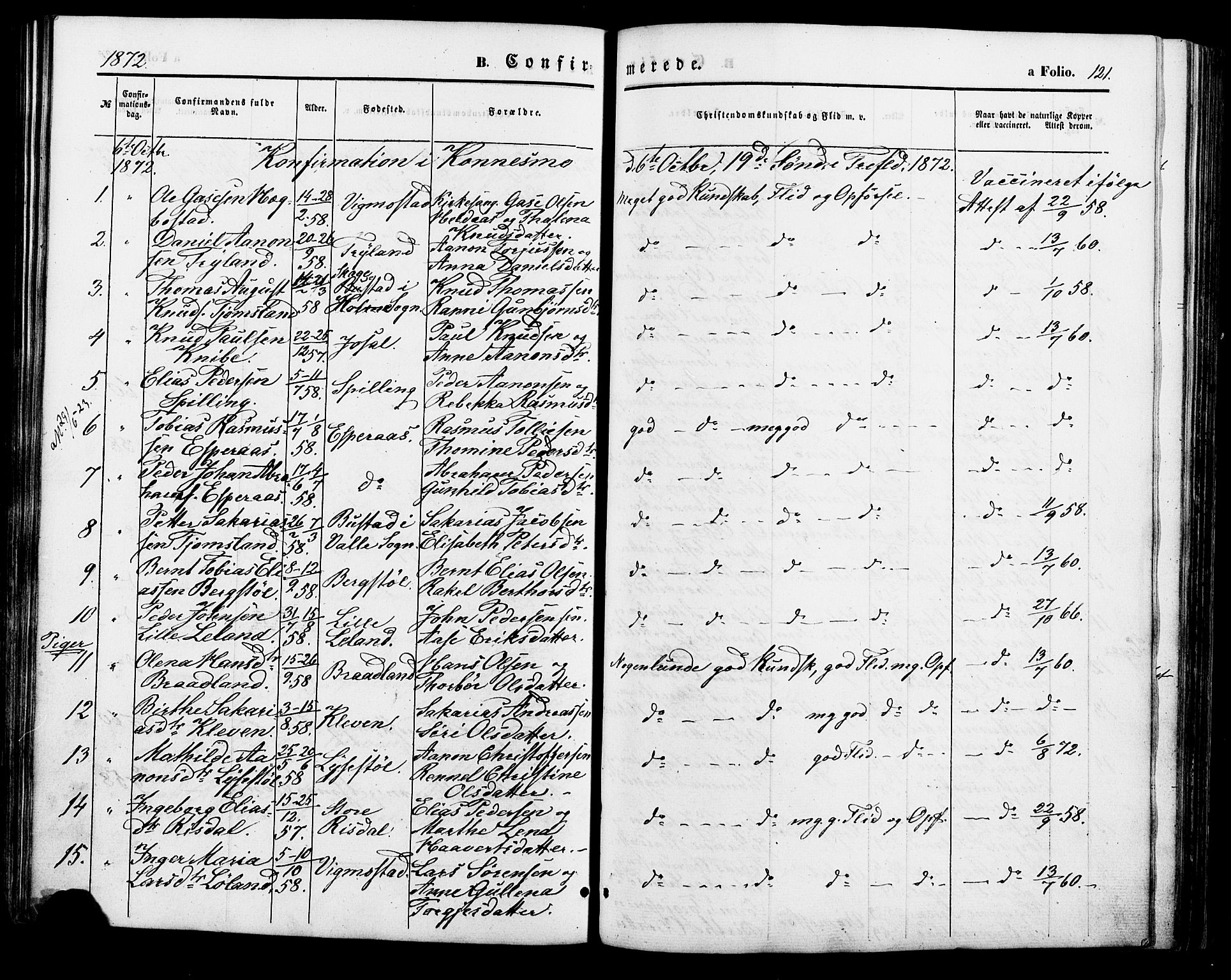 Nord-Audnedal sokneprestkontor, AV/SAK-1111-0032/F/Fa/Fab/L0002: Parish register (official) no. A 2, 1859-1882, p. 121