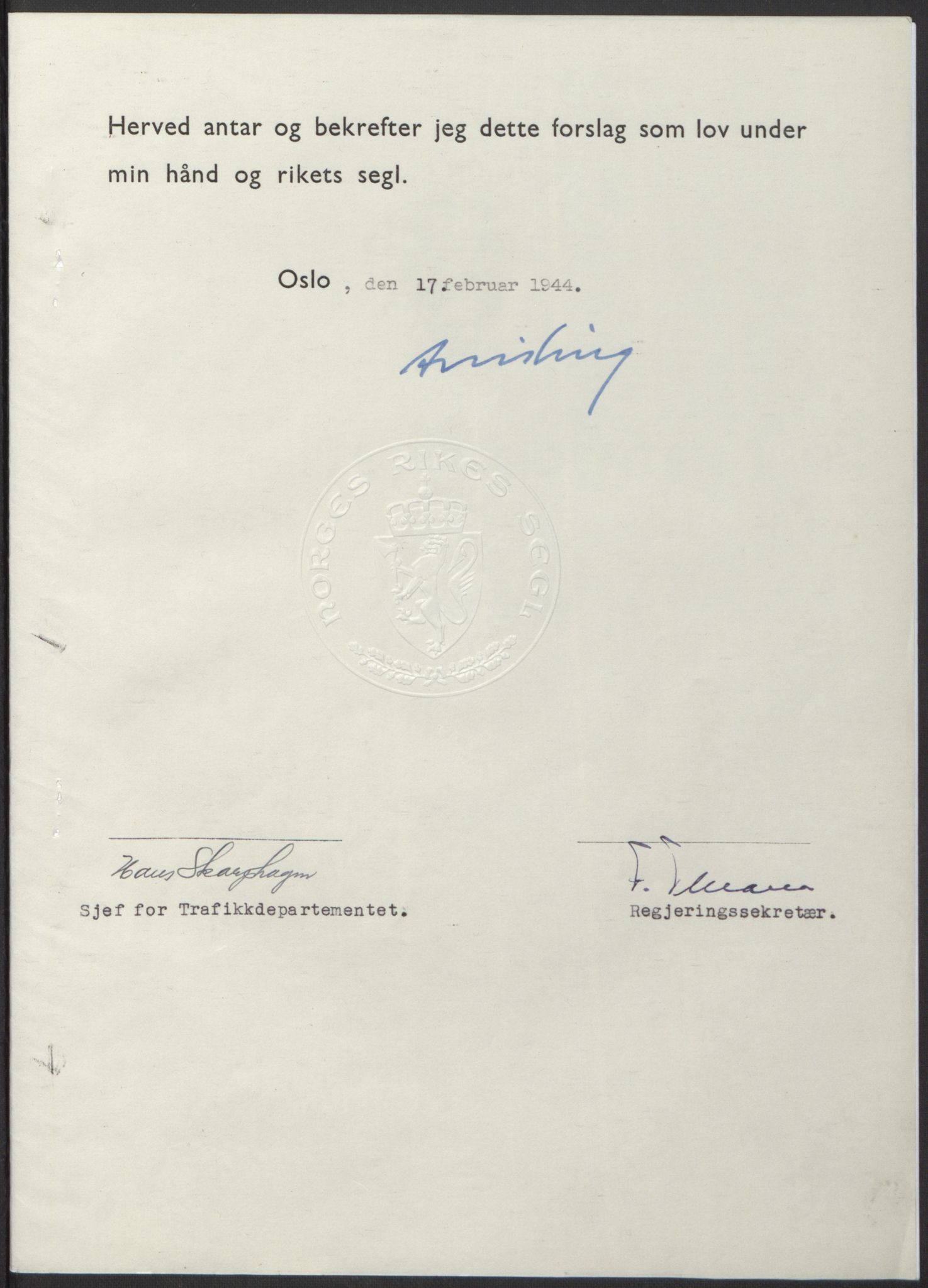 NS-administrasjonen 1940-1945 (Statsrådsekretariatet, de kommisariske statsråder mm), RA/S-4279/D/Db/L0100: Lover, 1944, p. 79