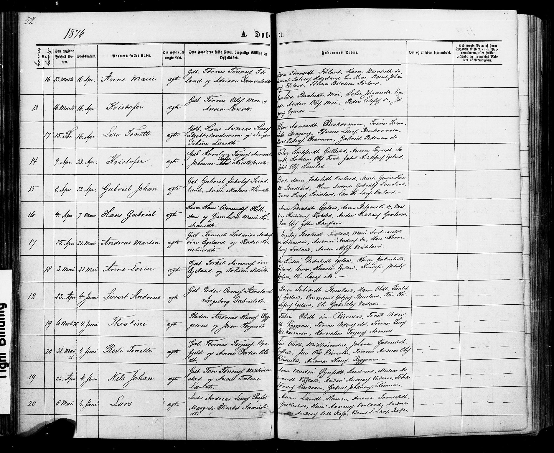 Kvinesdal sokneprestkontor, AV/SAK-1111-0026/F/Fa/Fab/L0007: Parish register (official) no. A 7, 1870-1885, p. 52